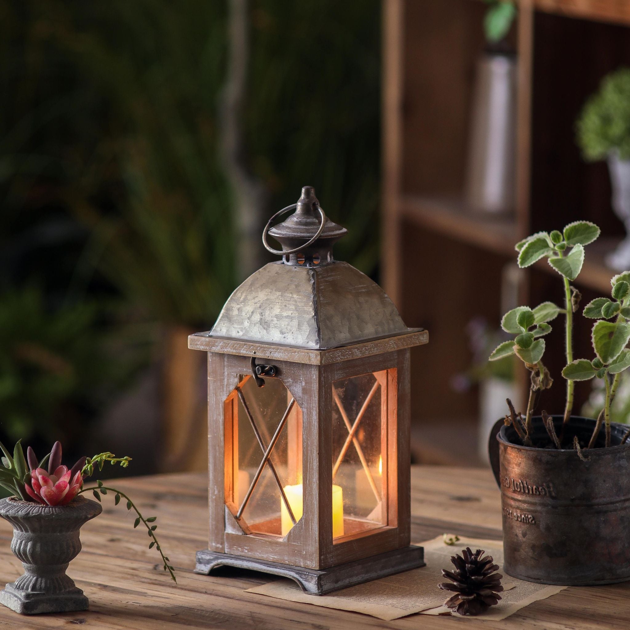 Nicolas small French provincial whitewashed wood lantern with galvanised dome, lit