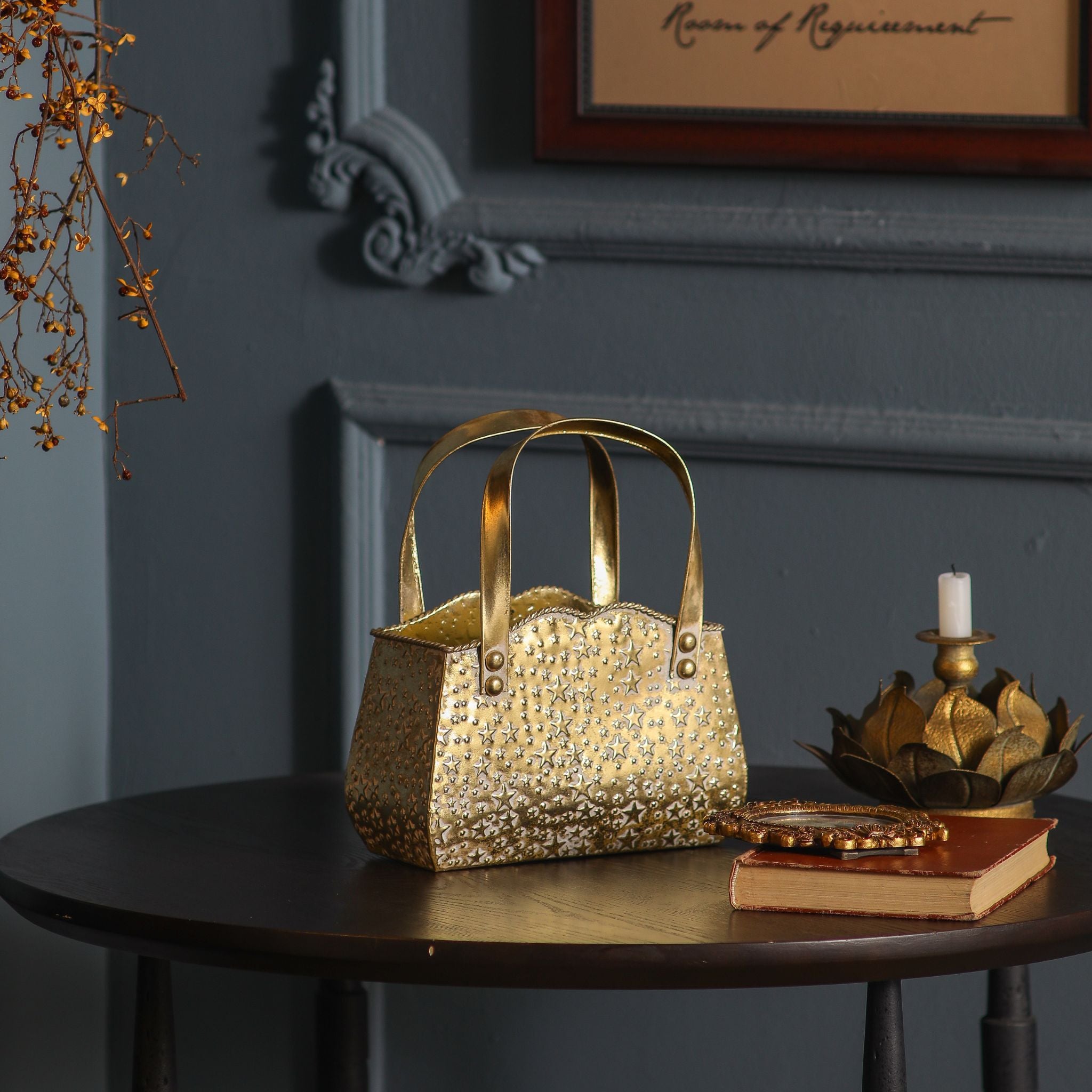 Nicole Handbag Planter, Antique Gold Star-Embossed Metal 29cm