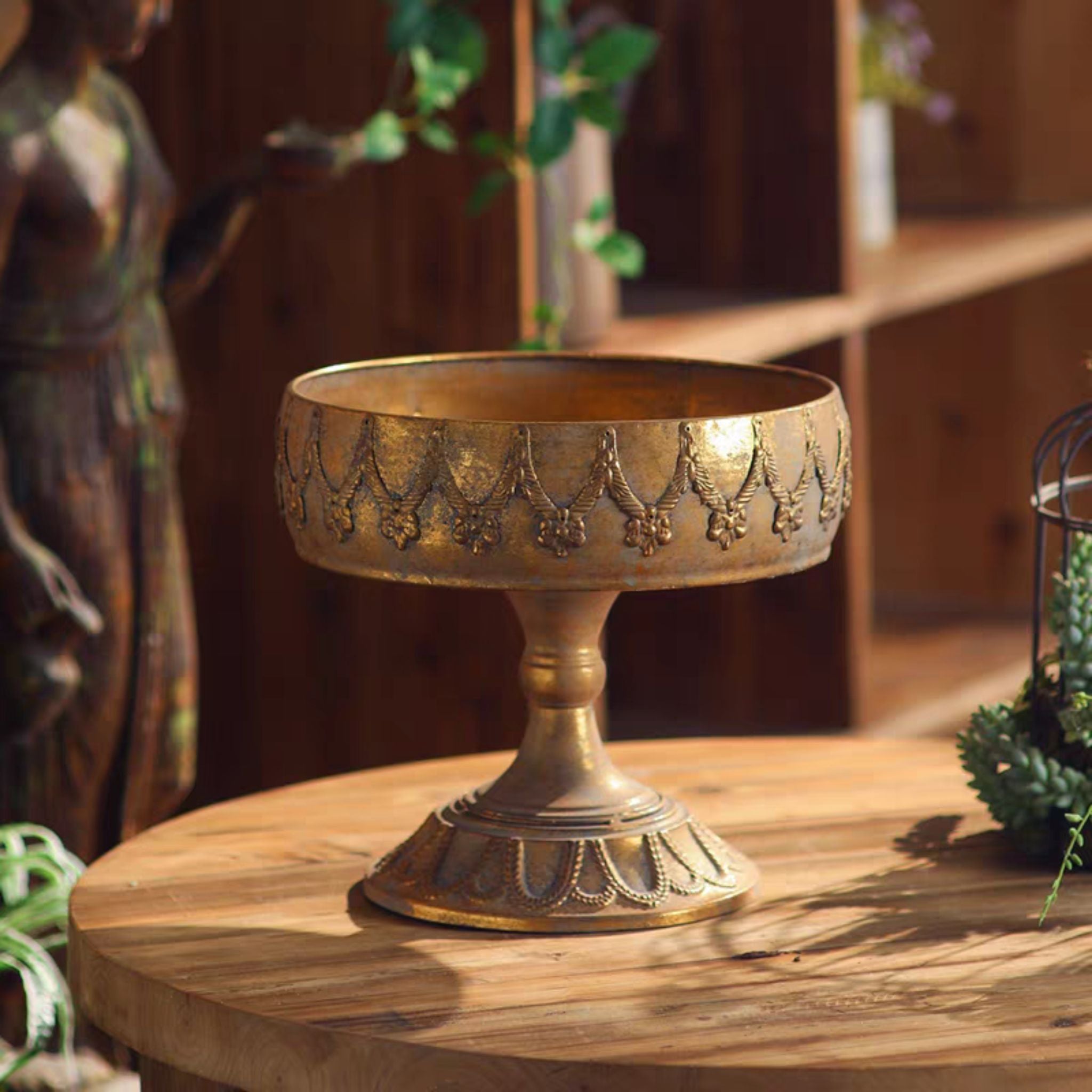 Nicolette French Provincial footed compote bowl with draped swag relief and beaded pedestal foot in antique gold
