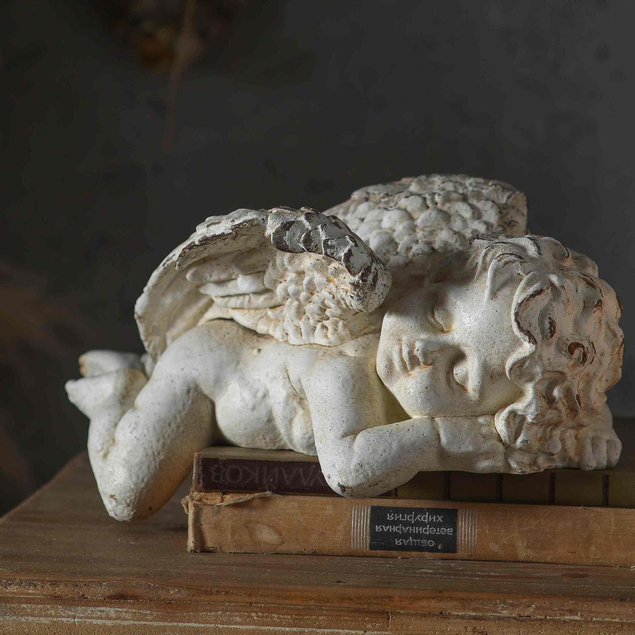 Reverse angle of Océane sleeping cherub showing the wings folded over the back, the curled sleeping posture, and the heavily distressed surface treatment