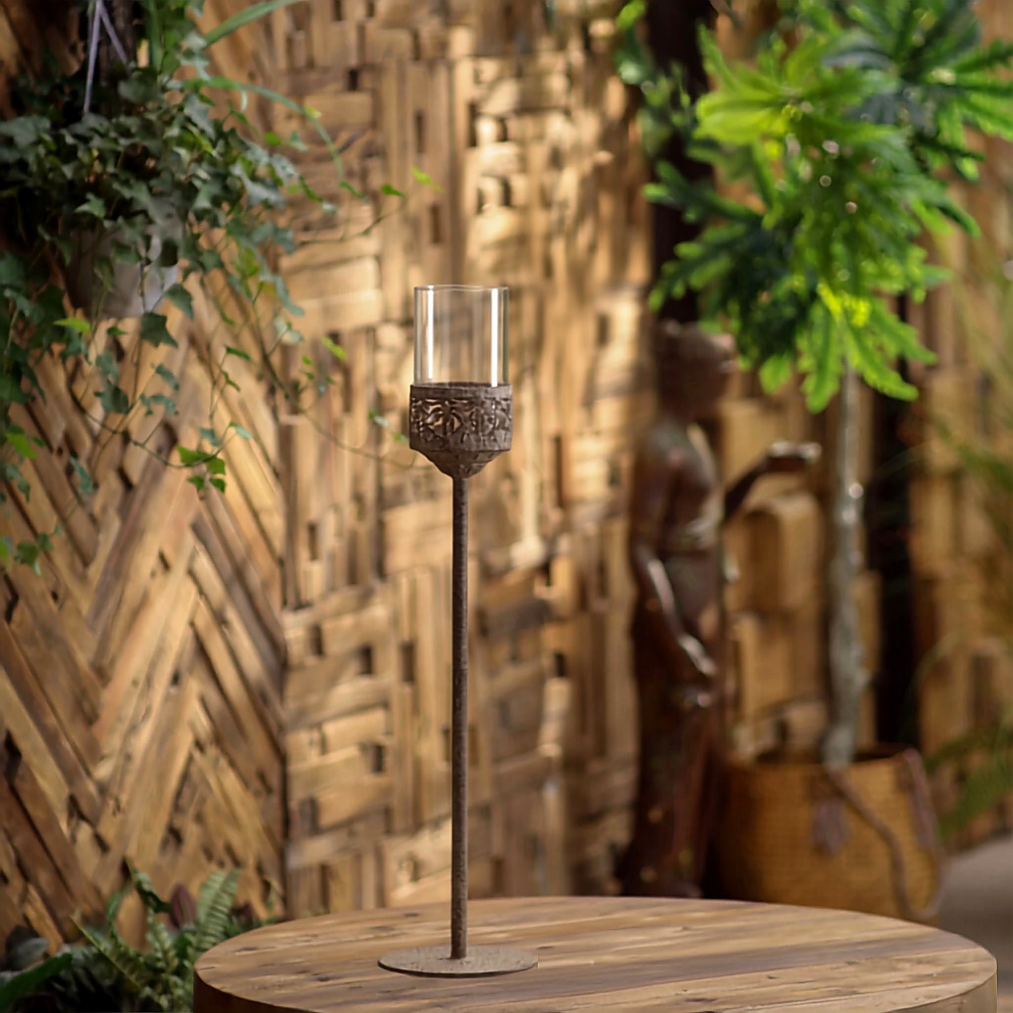 Three floor candle holders at 87.5cm, 75.5cm and 63.5cm shown together for scale