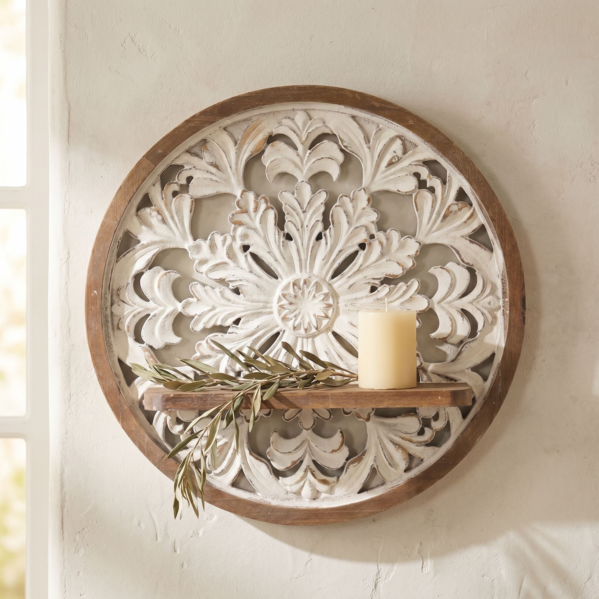 shelf-candle-styling.jpgOlive carved wall shelf beside a window, timber ledge styled with a cream pillar candle and an olive branch.