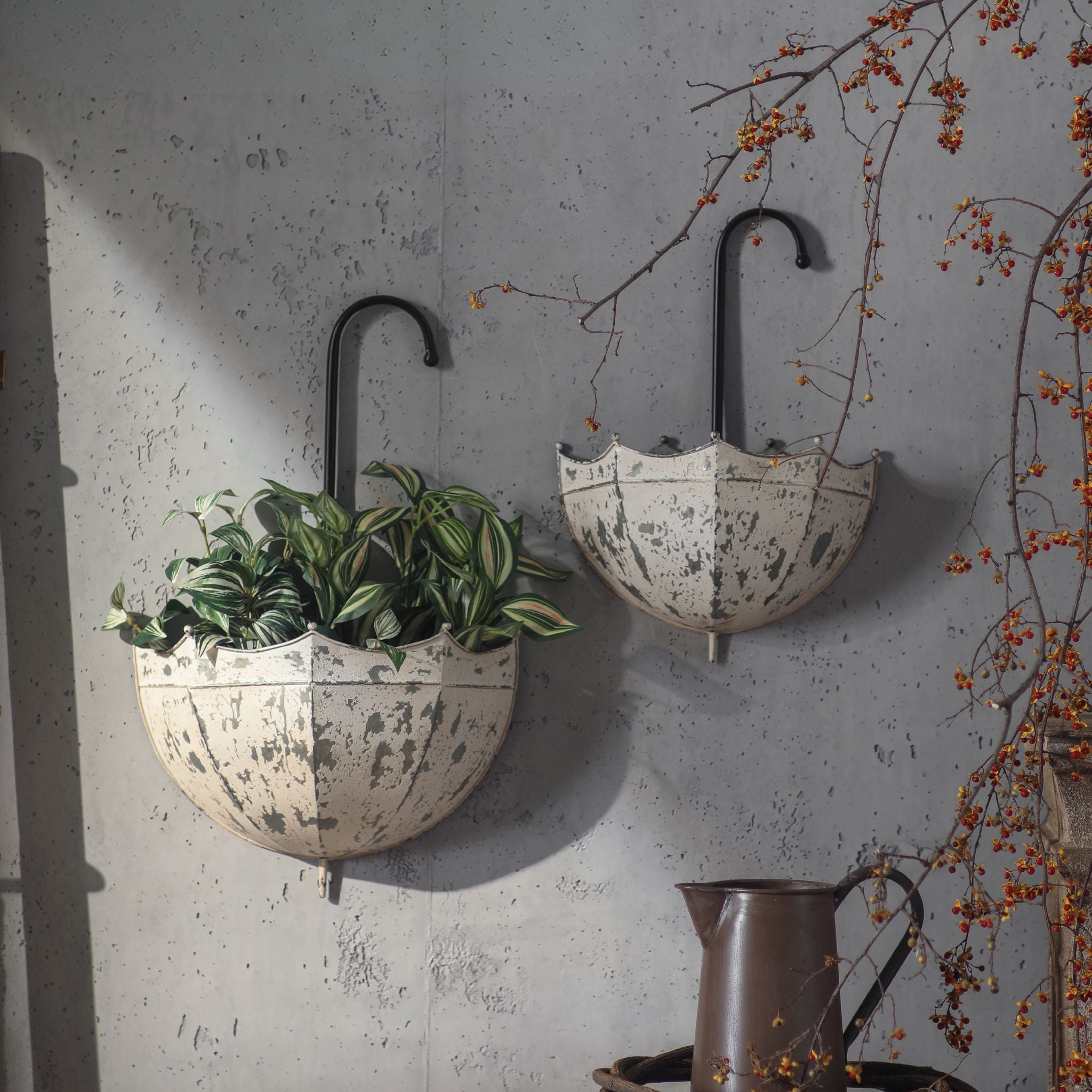 Parapluie Umbrella Wall Planter Set of 2, Distressed Cream Iron with Black Hook