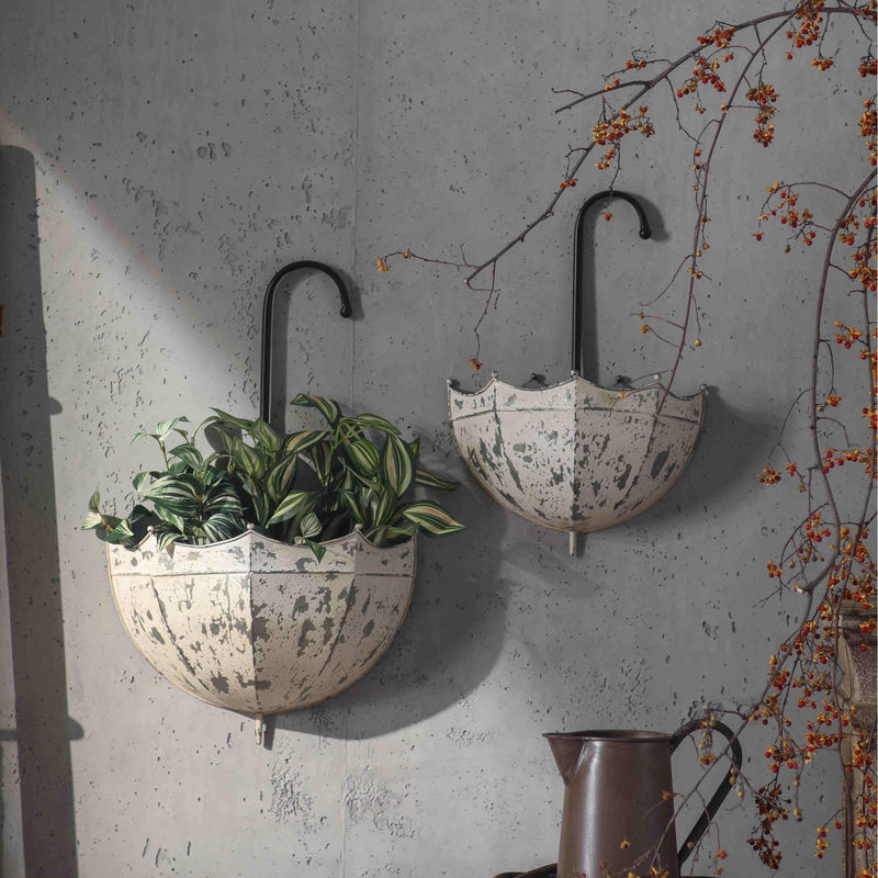 Parapluie Umbrella Wall Planter Set of 2, Distressed Cream Iron with Black Hook