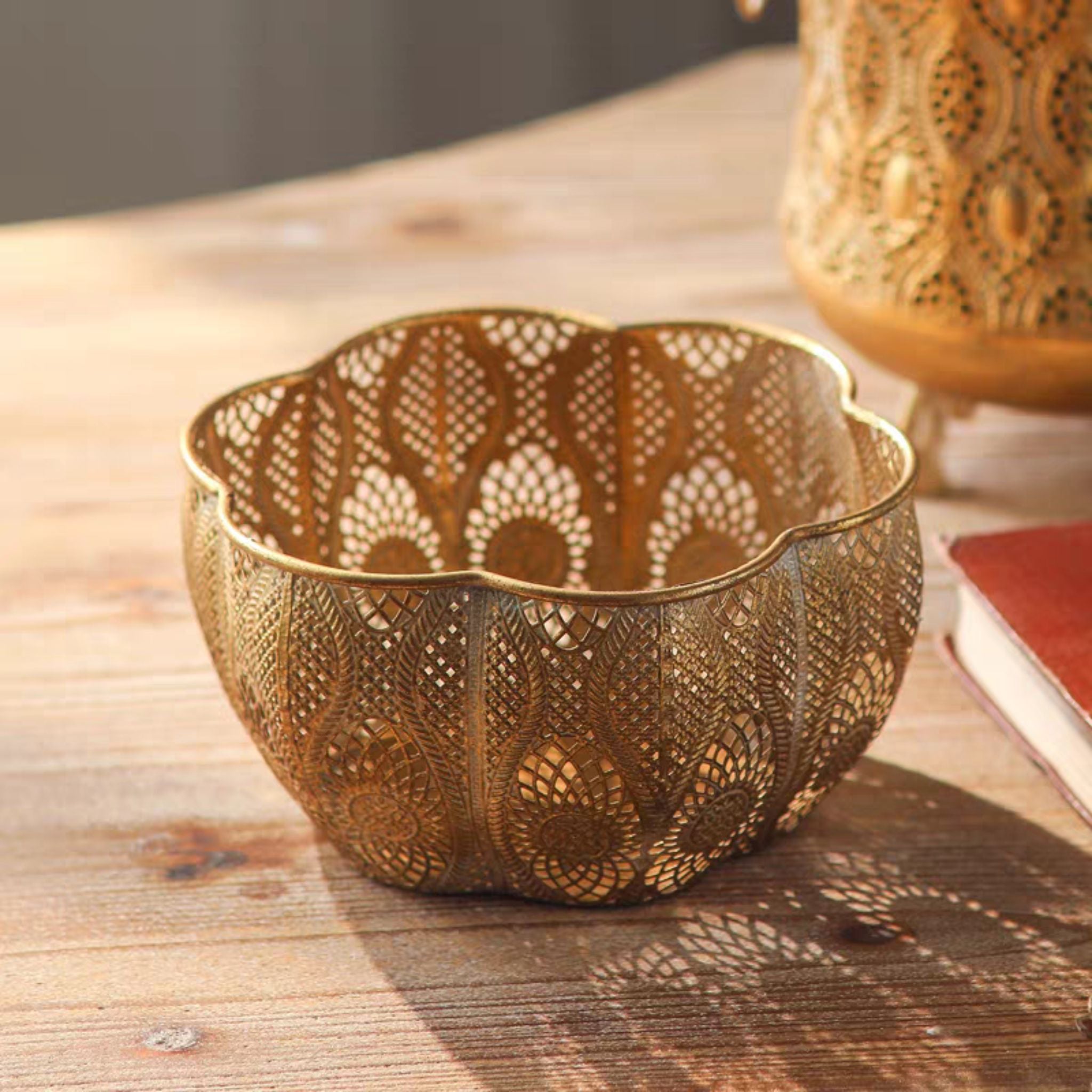 Rosalee French Provincial pierced metal bowl with lace pattern and scalloped petal rim in antique gold