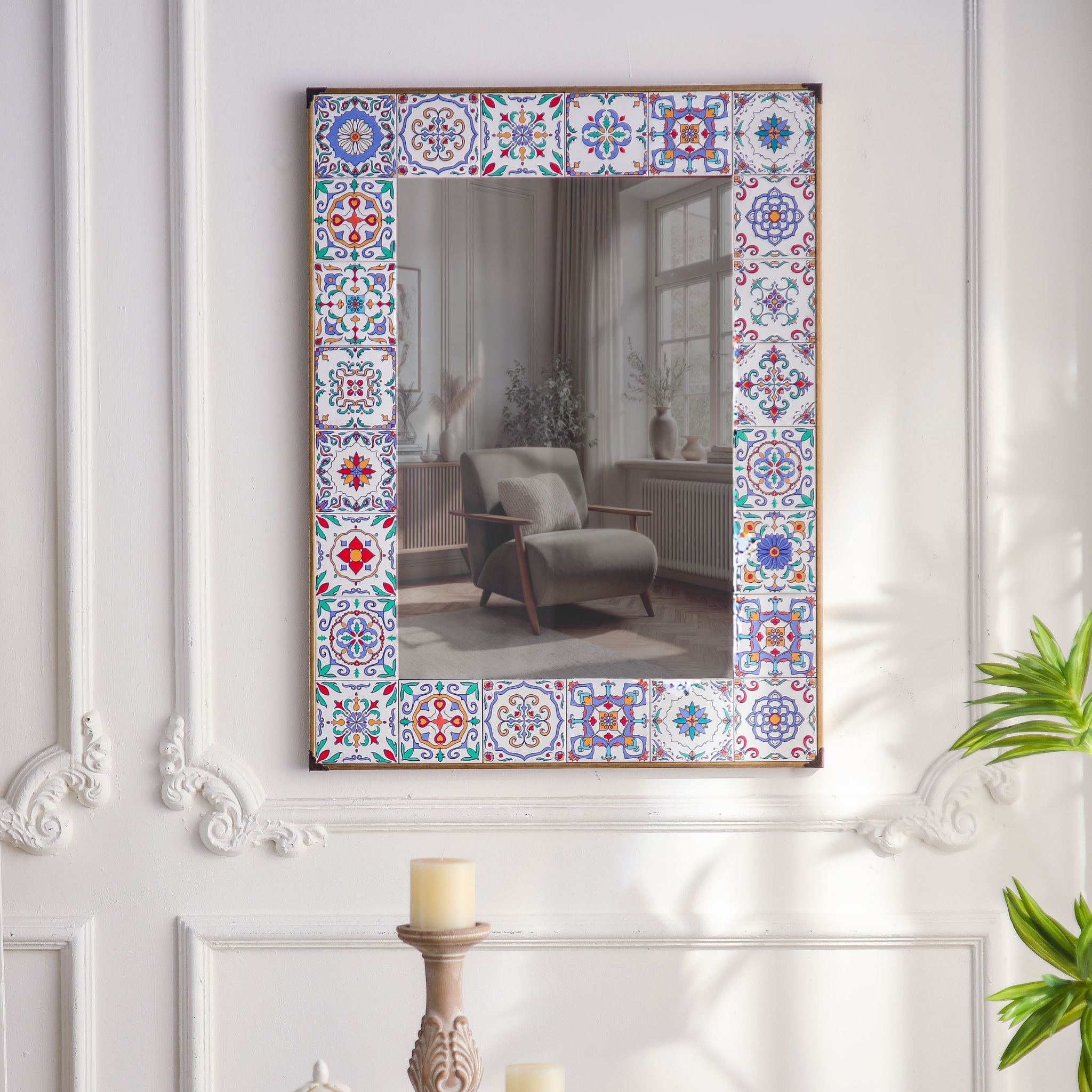 Salomé hand-painted maiolica tile wall mirror front view on white panelled wall