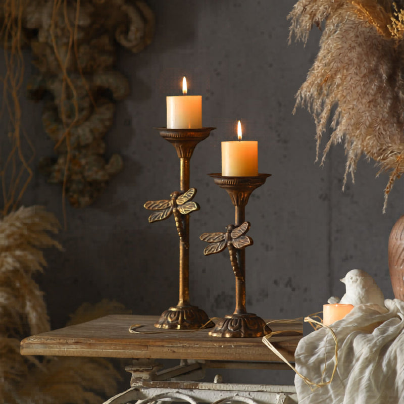 Lara French Provincial Dragonfly Candlestick Set, Aged Gold Metal