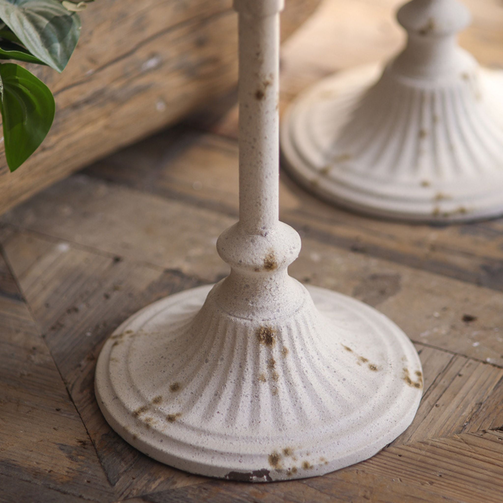 Thierry close-up of the fluted round foot and turned stem on a timber floor.