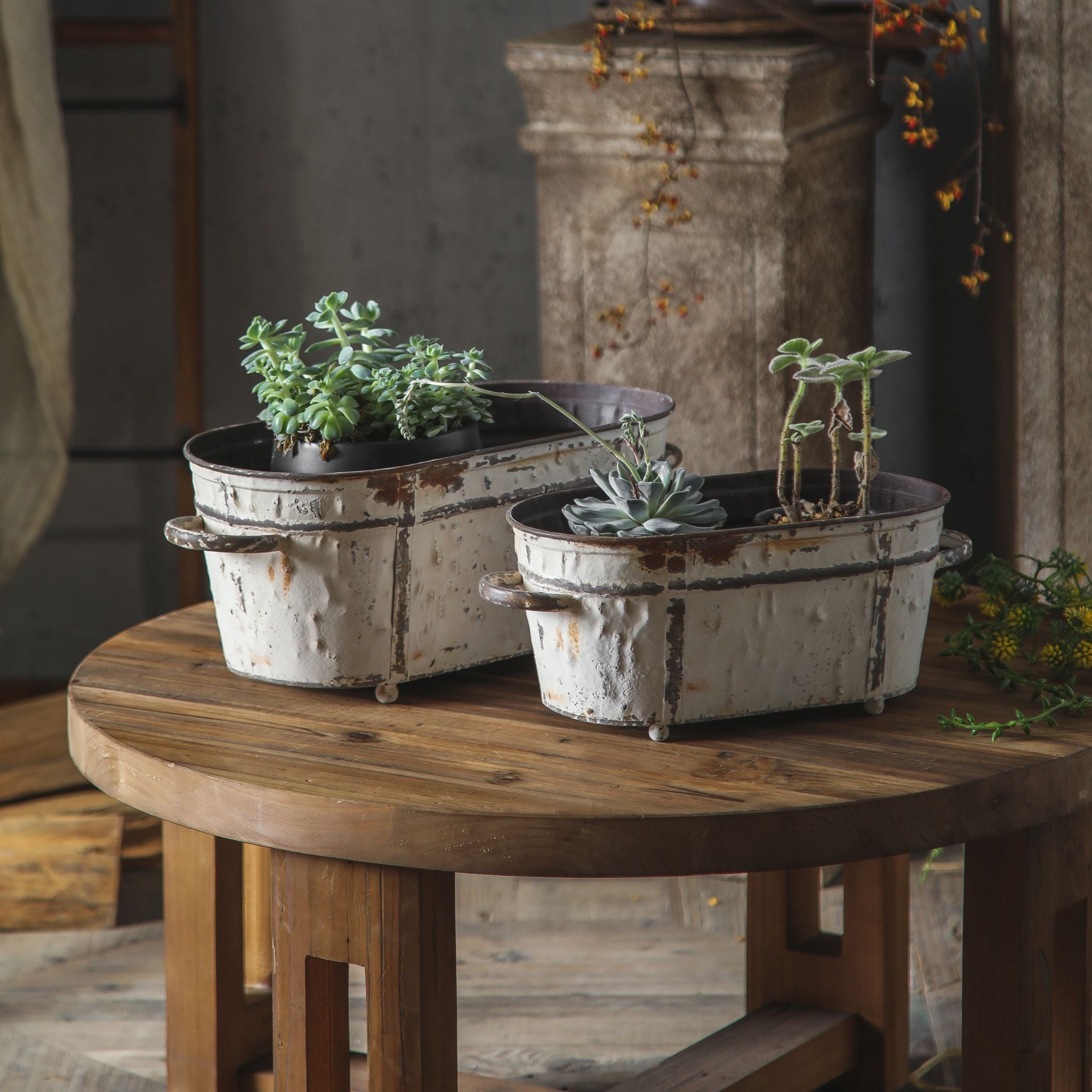 Lucie trough planter set planted and styled beside a column and timber