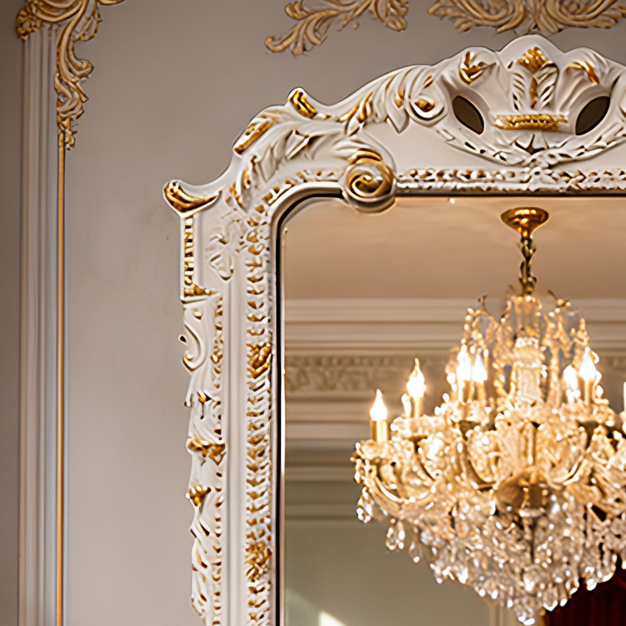 Close-up of Versailles's sculpted Baroque cartouche crown showing the hand-finished antique white over warm gold accents and the scrolling acanthus detail.