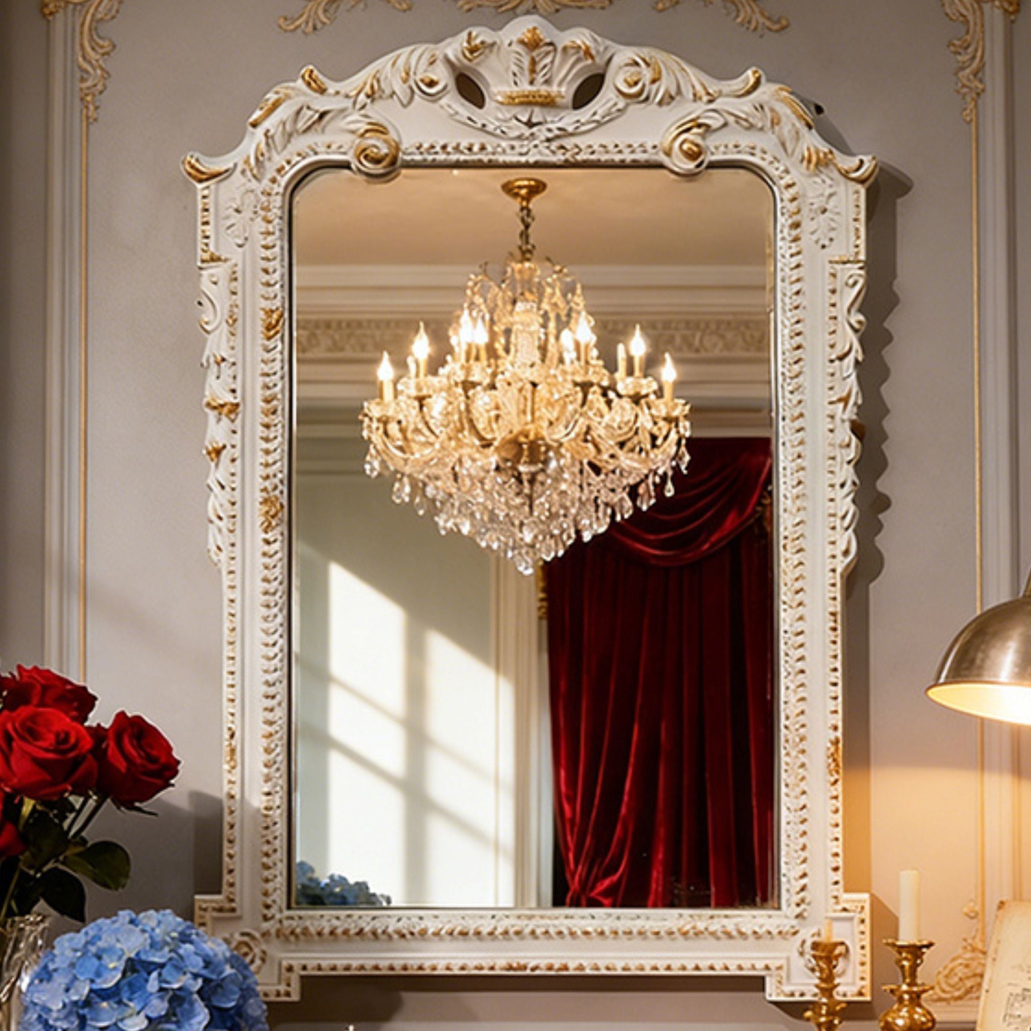 Full-frame view of the Versailles Baroque wall mirror showing the sculpted cartouche crown, scrolling acanthus side panels and beaded inner trim.