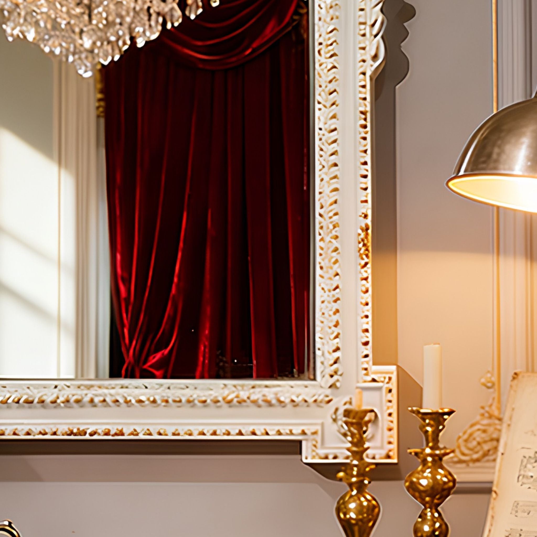 Side view of the Versailles mirror frame showing the depth of the sculpted ornamentation, the gold accents worn back at the corners and the beaded inner trim.