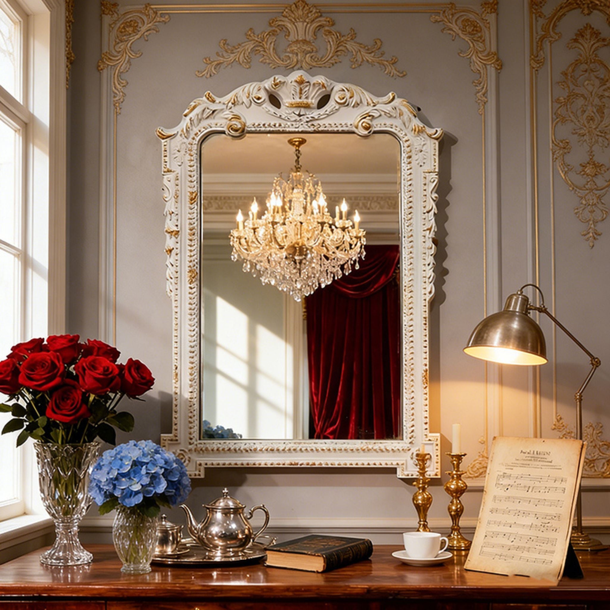 Versailles French Provincial ornate Baroque wall mirror in antique white with gold accents, styled on a French country wall with red roses, blue hydrangeas and an antique sheet music stand. Hero.