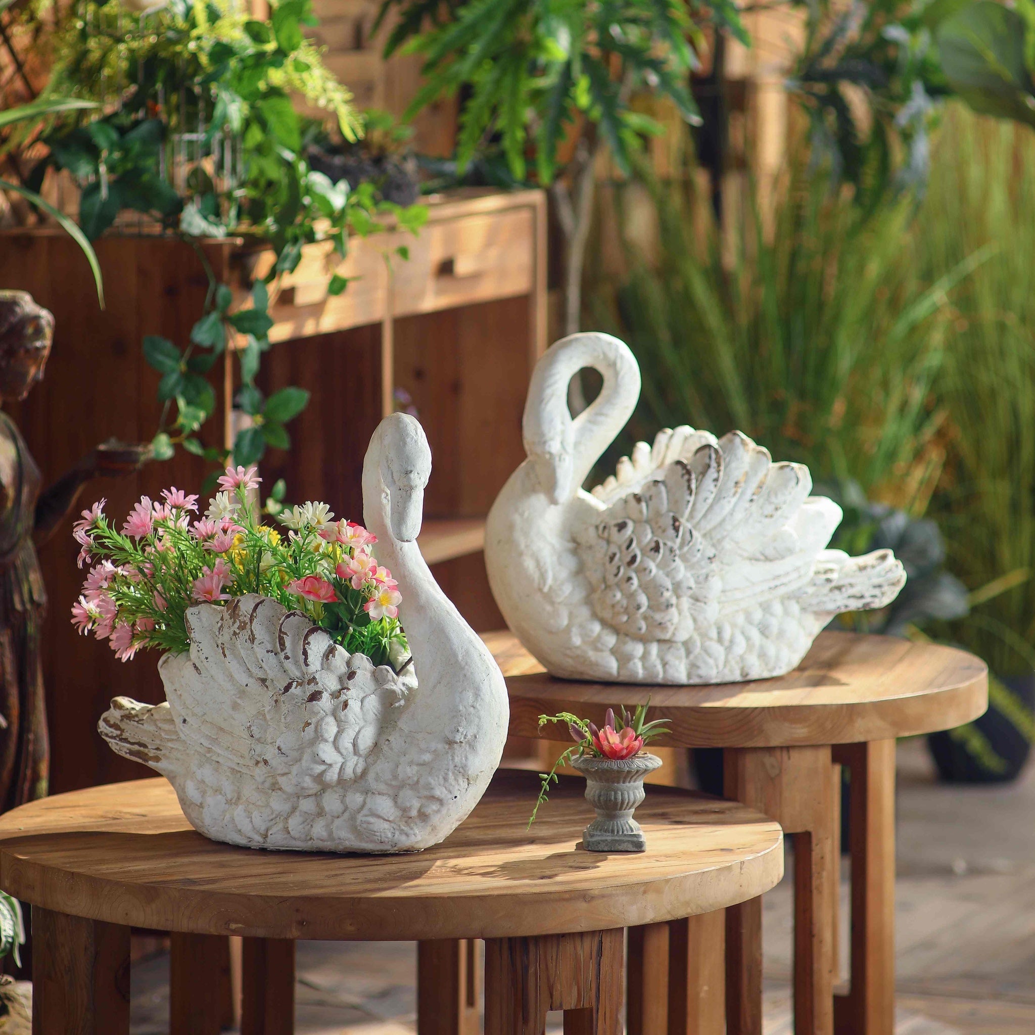 French Provincial garden sculptures and outdoor décor featuring decorative swan planters and ornamental pieces by Château Living