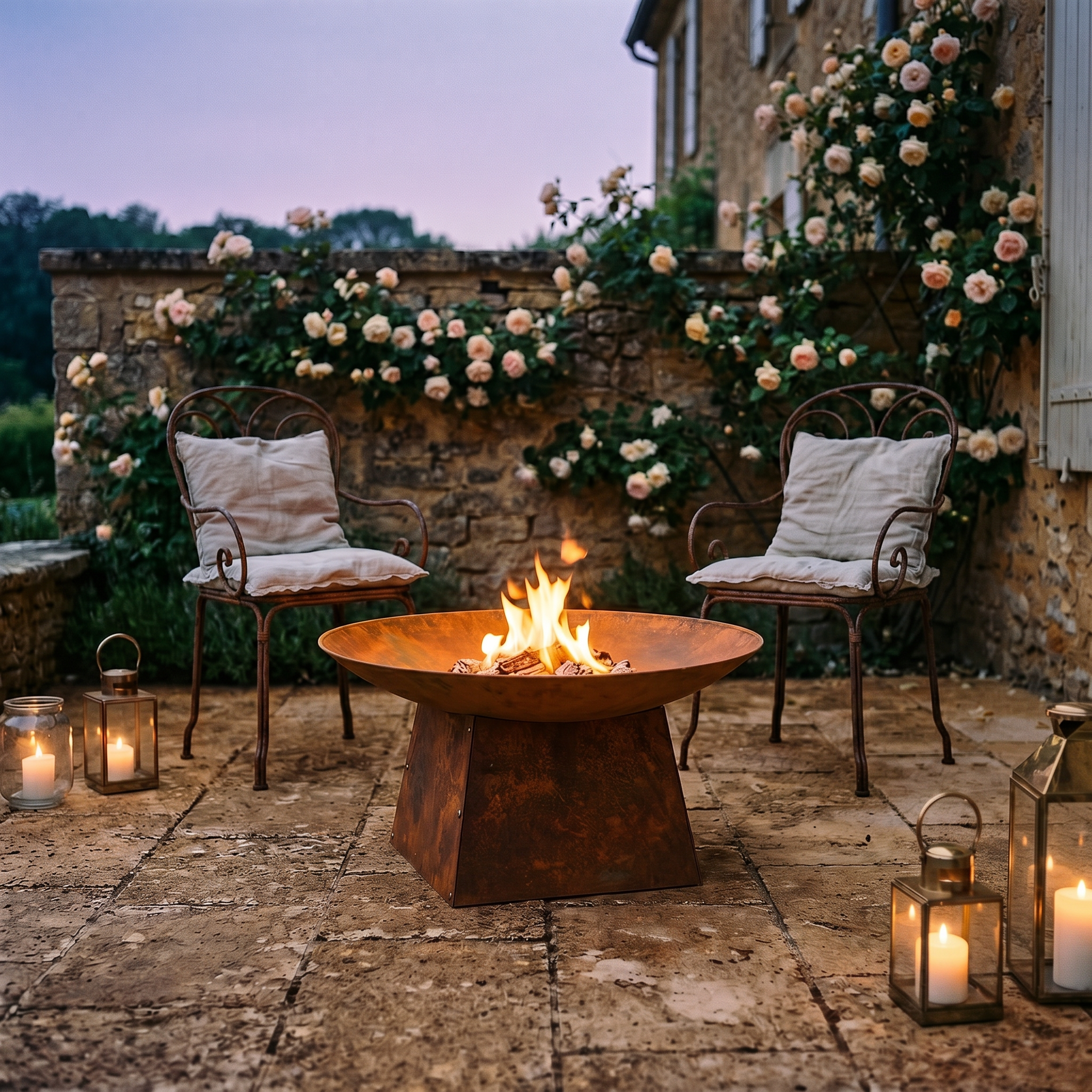 Chateau Living rusted steel fire pit burning on a stone patio at dusk, styled in French provincial outdoor setting with lanterns, cushioned chairs, and climbing roses.