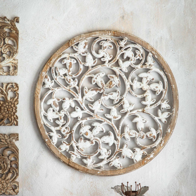 Amber French Provincial Round Mandala Wall Art, Carved Timber & Distressed Whitewash