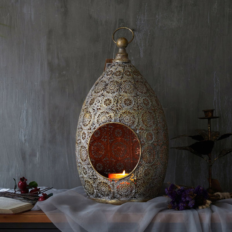 Noora French Provincial Candle Lantern, Pierced Aged Metal, Antique Gold 43cm