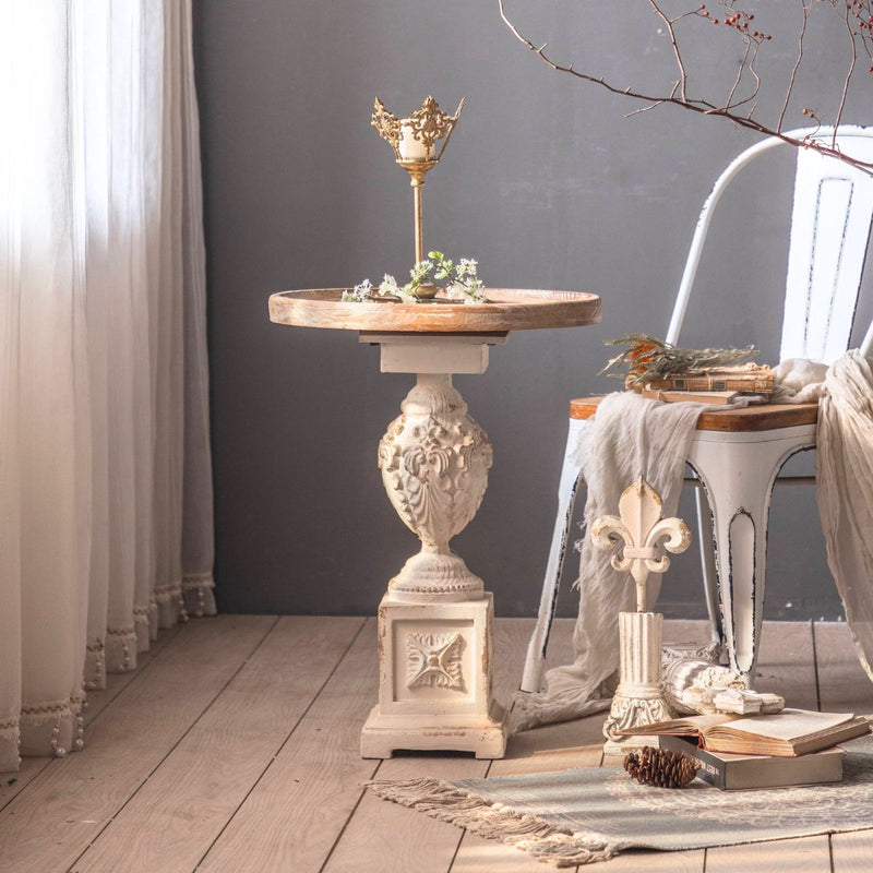 Catherine French Provincial Pedestal Side Table, Round Fir Top and Antique White Base 63cm