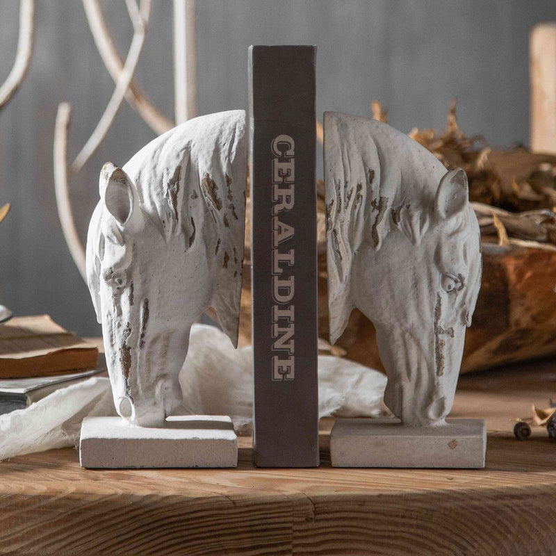 Cavalier French Provincial Horse Head Bookends, Distressed White Equestrian Decor Set of 2