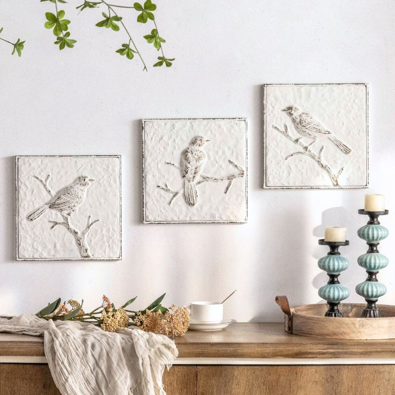 Imogen French Provincial Metal Wall Art, Set of 3, Embossed Birds, Distressed White