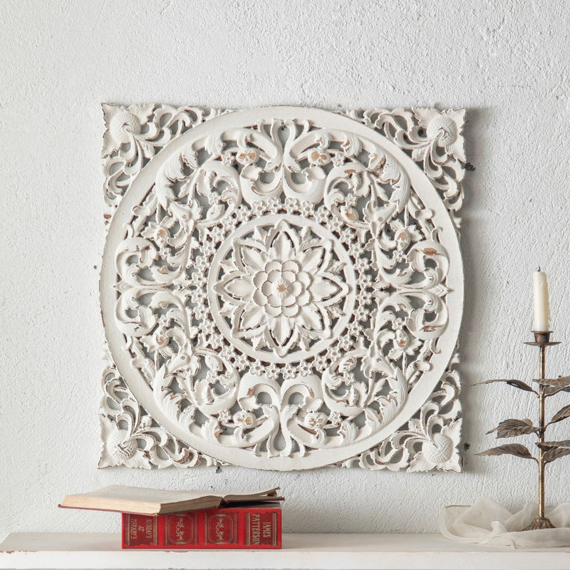 Louis Carved Mandala Wall Art, Distressed White Timber 60cm