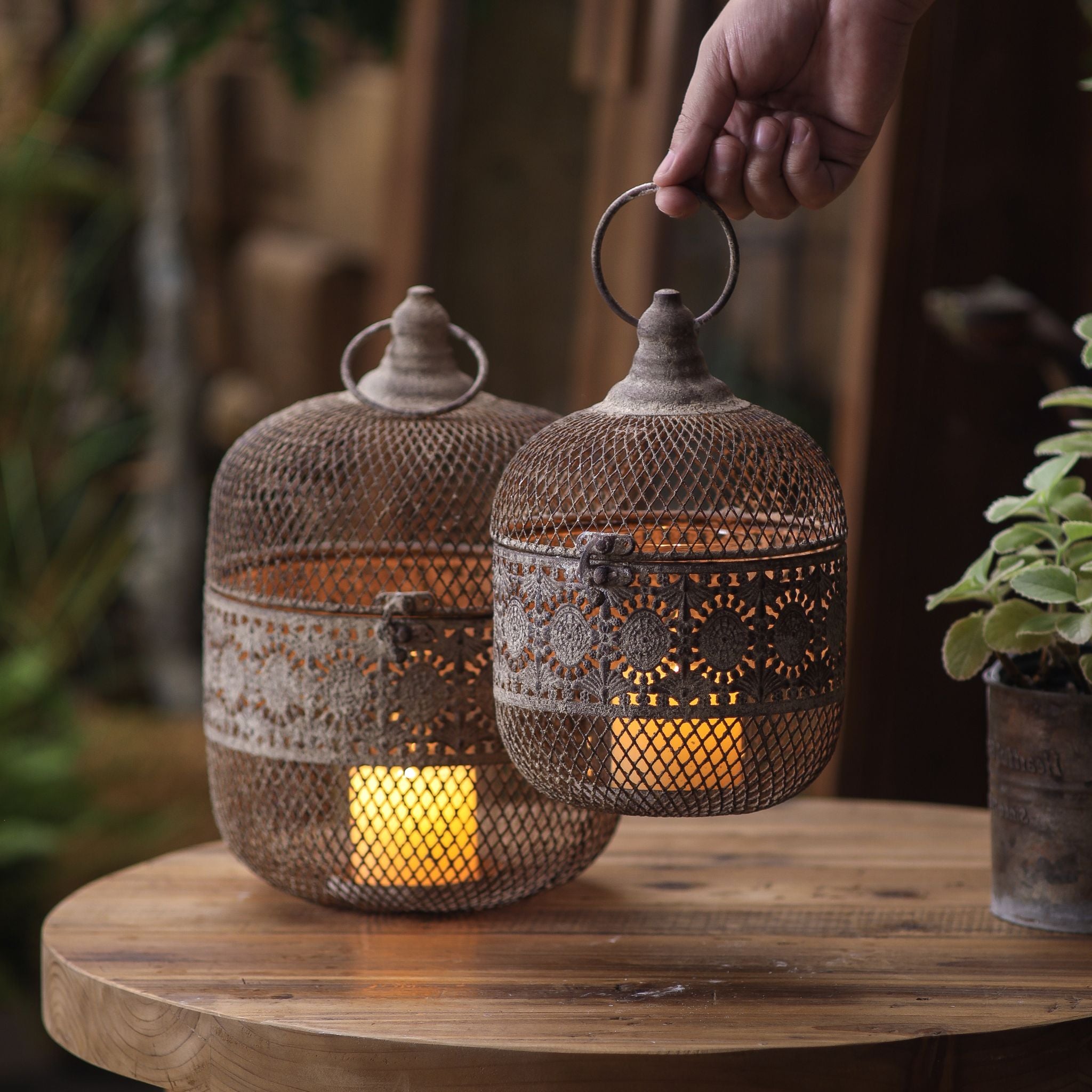 Amani Moroccan lantern in aged metal filigree, lit with candle on rustic wooden table beside Afra lantern and potted herb