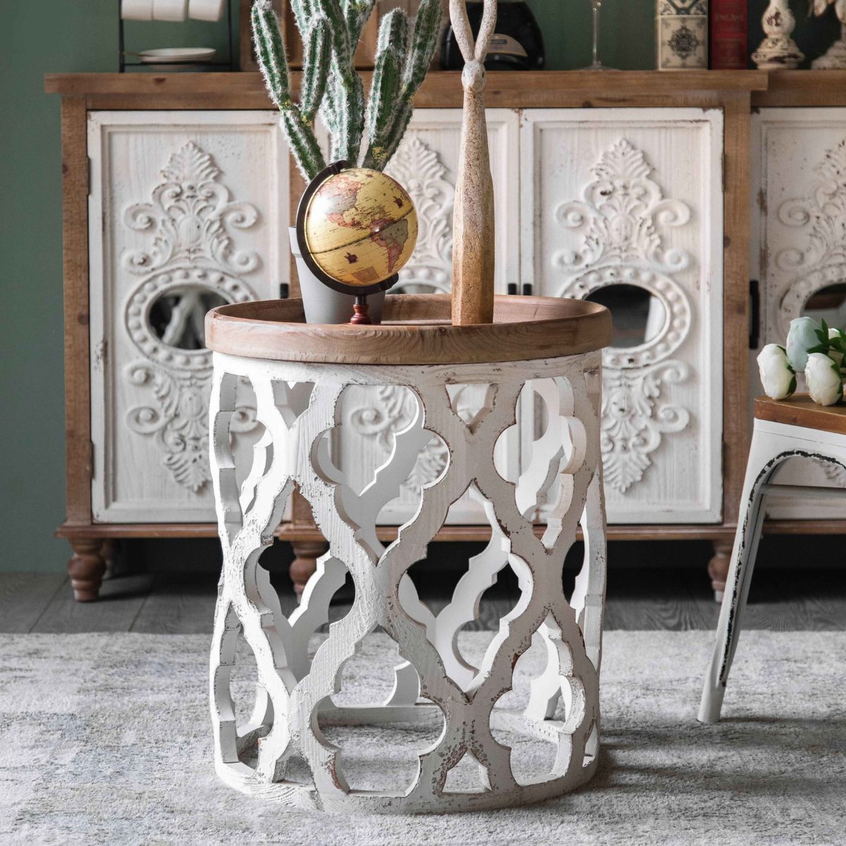 Beatrice White Round Side Table Main Staged Image