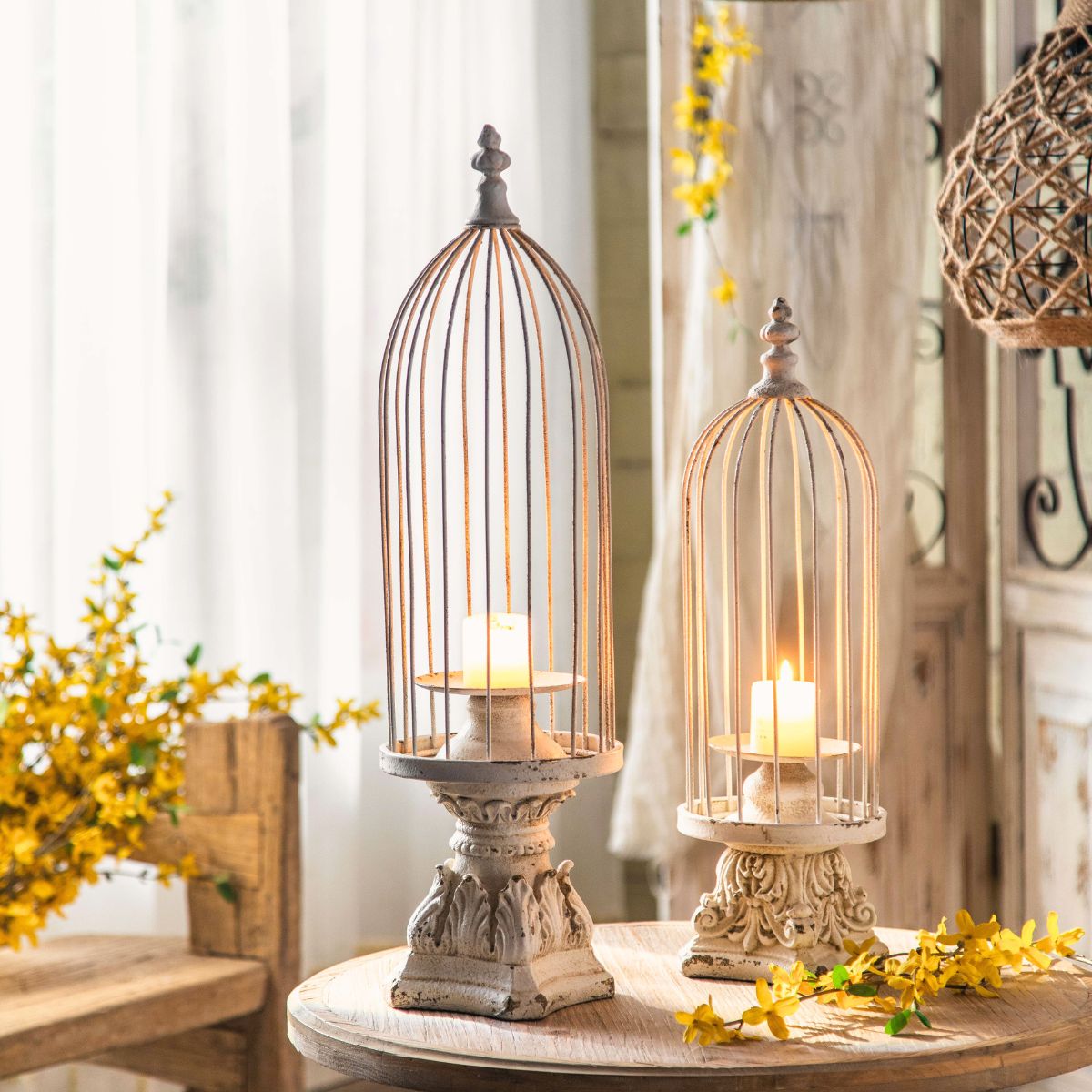 François French Provincial Birdcage Candle Holder, Distressed White Metal
