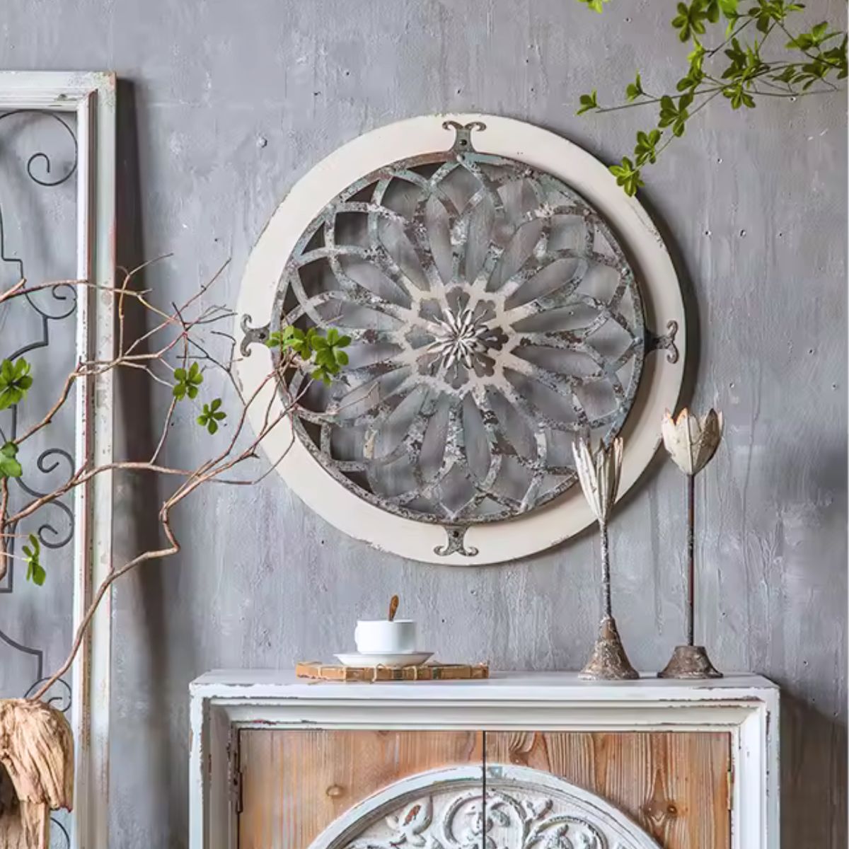 Boho Round Metal Wall Art Staged Image