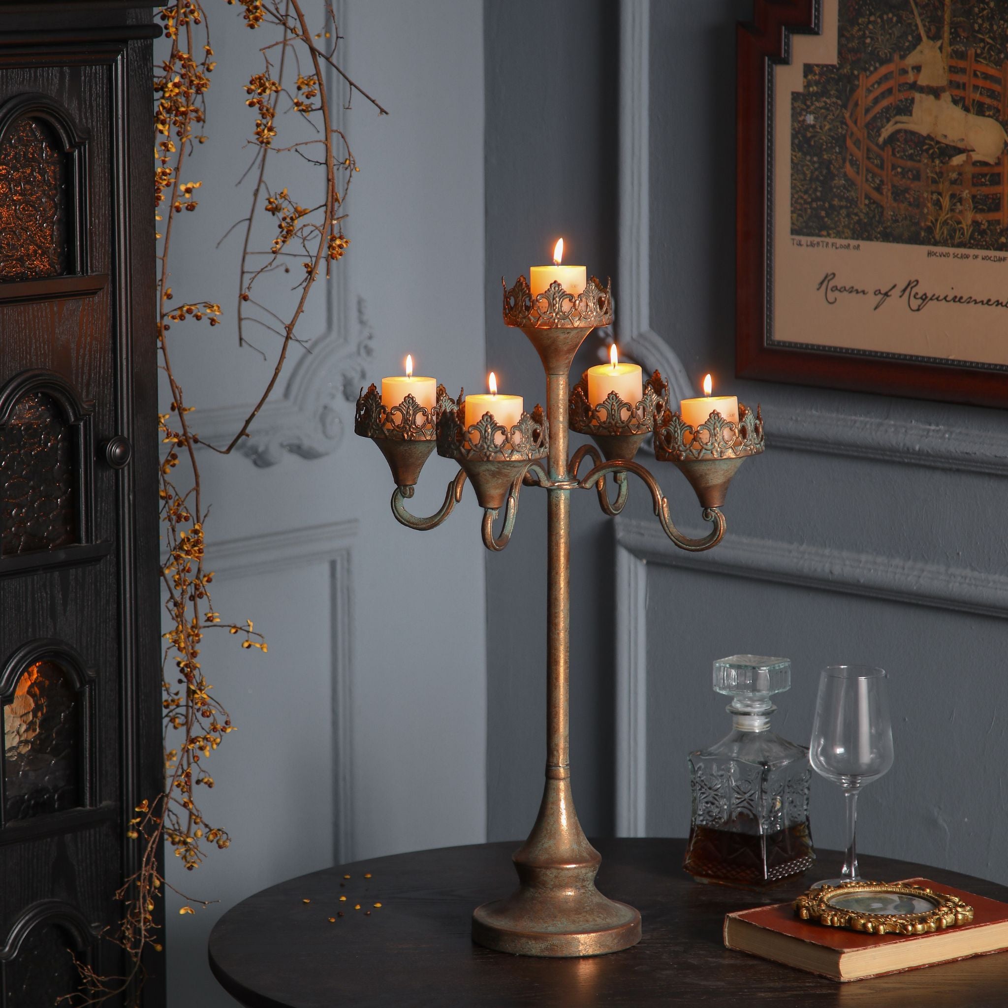 Emma French Provincial Candelabra, Tall Five-Light Antique Gold & Verdigris with Crown Collars