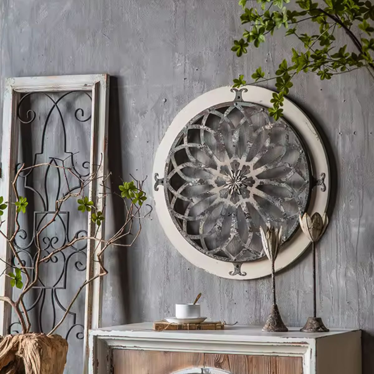 Boho Round Metal Wall Art Side View