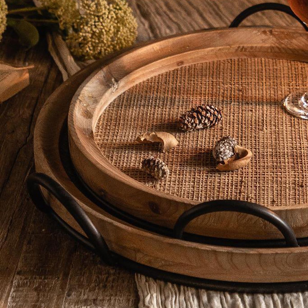 Sybil Wooden Serving Tray Close-Up Wood and Rattan