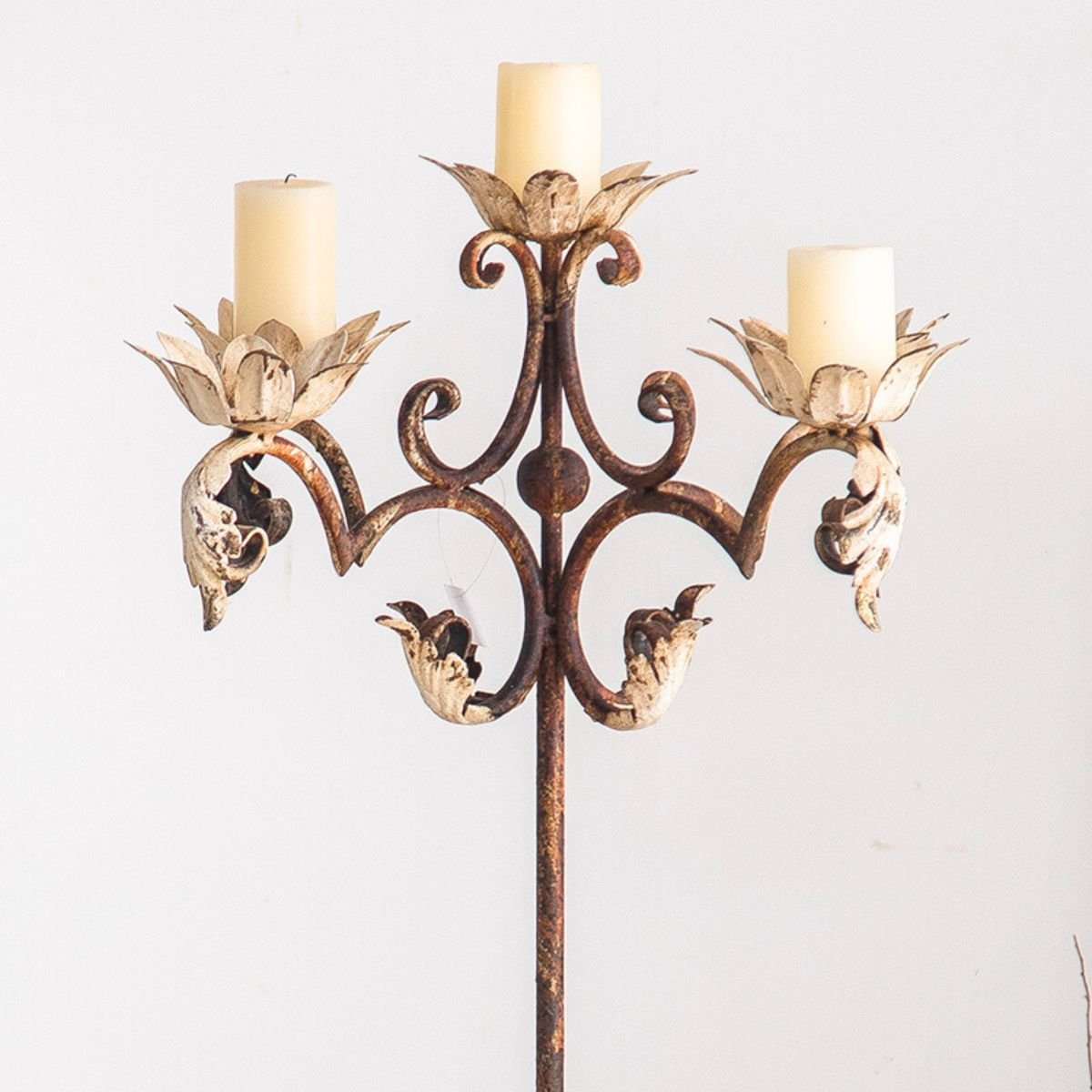 Xander French Provincial Floor Standing Candelabra, Distressed White Metal, 5 Arm, 114cm