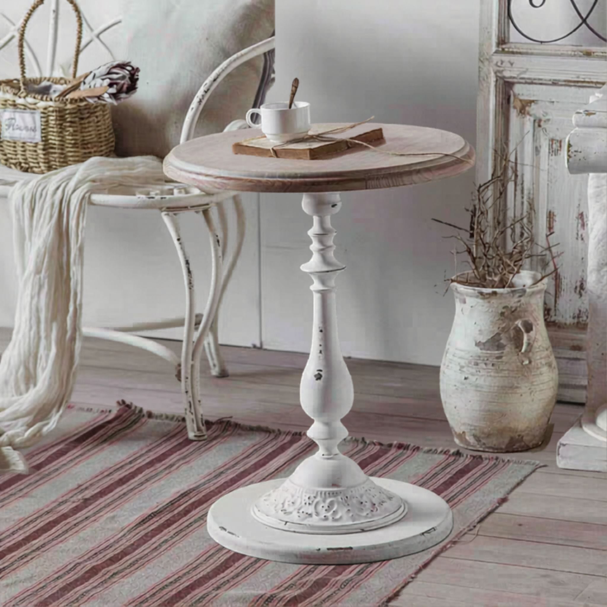 Juliette side table in a French country room with a teacup, showing scale beside seating