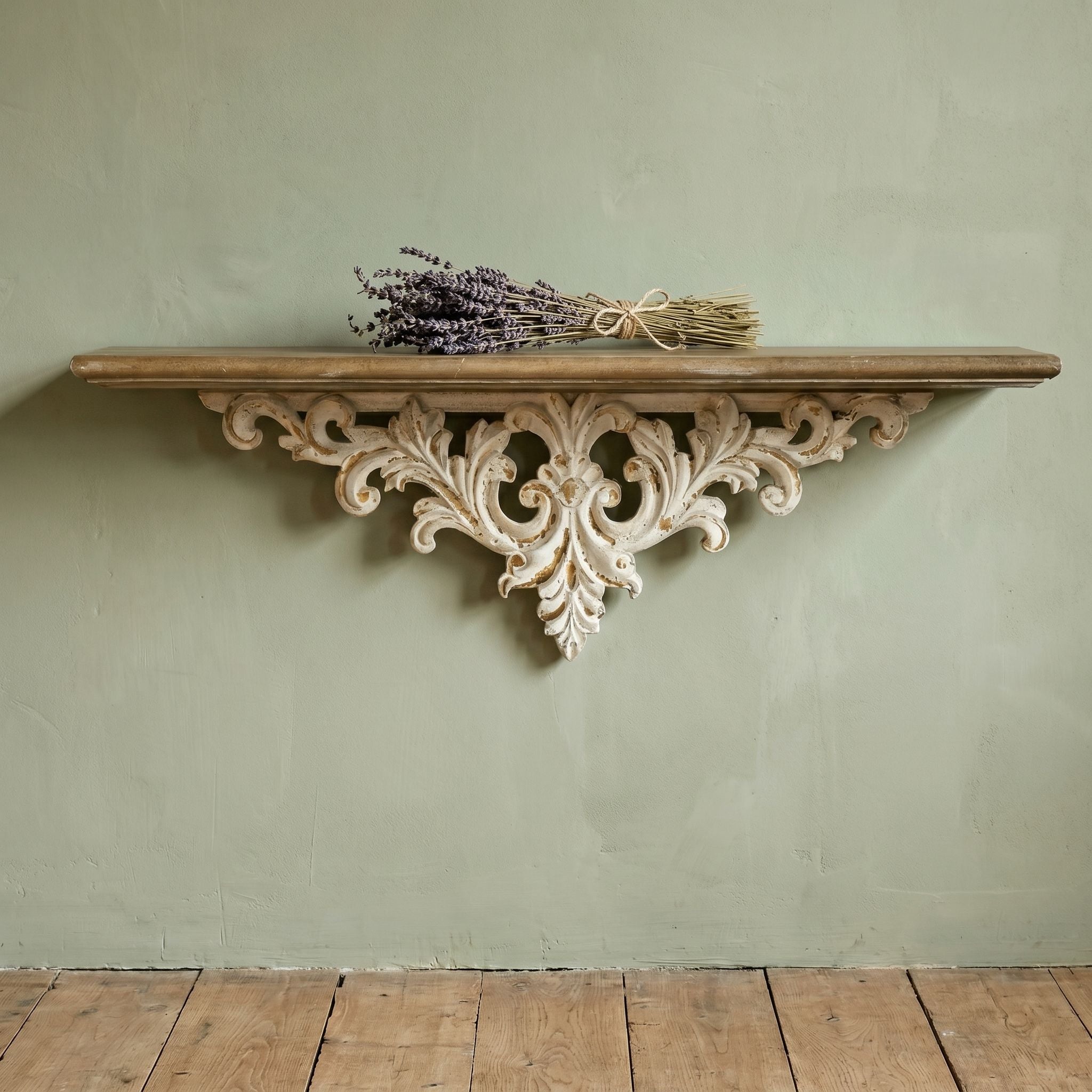 Paulette French Provincial Wall Shelf, Ornate Carved Scroll Bracket 60cm