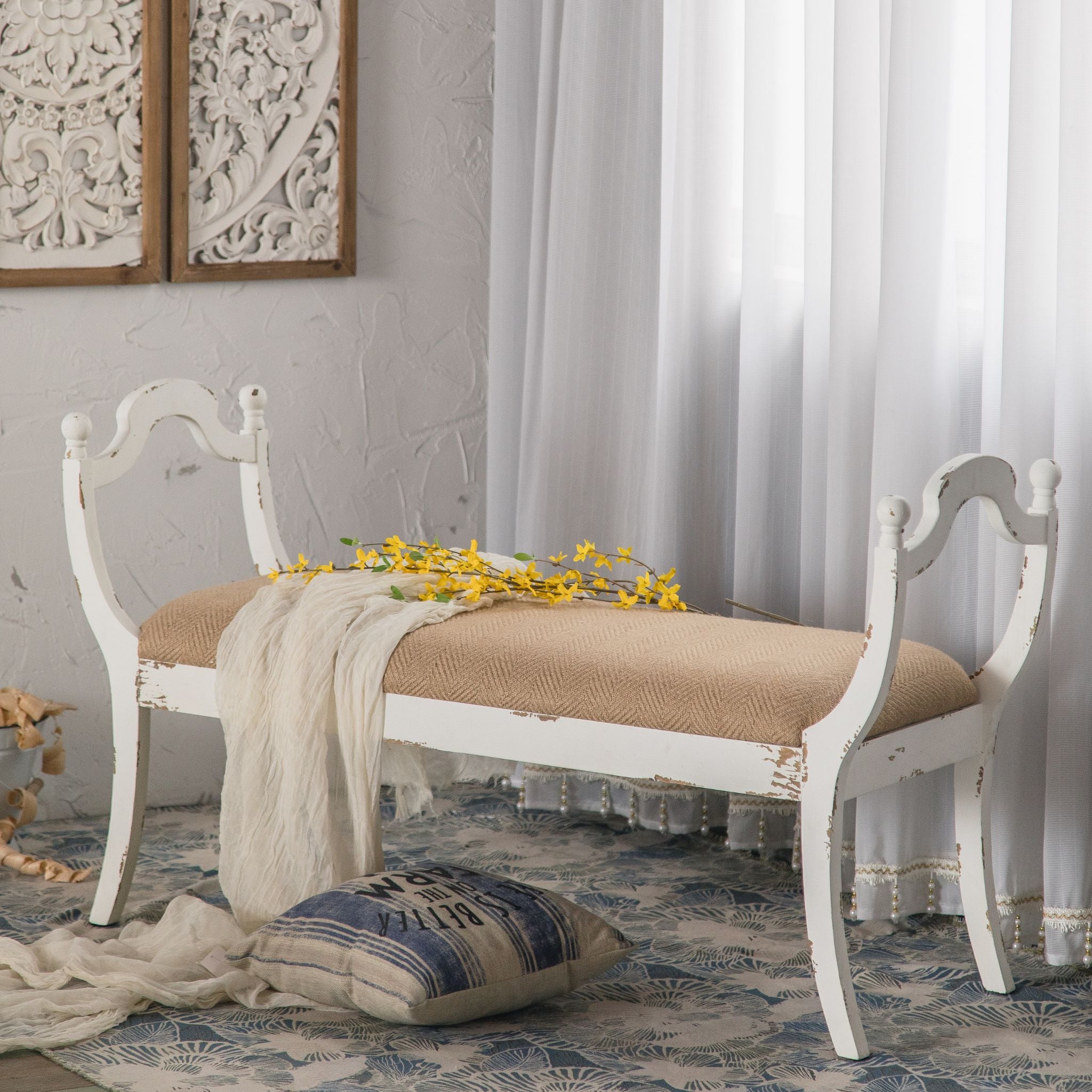 Elba French provincial bench in distressed white with scrolled ends and jute herringbone seat