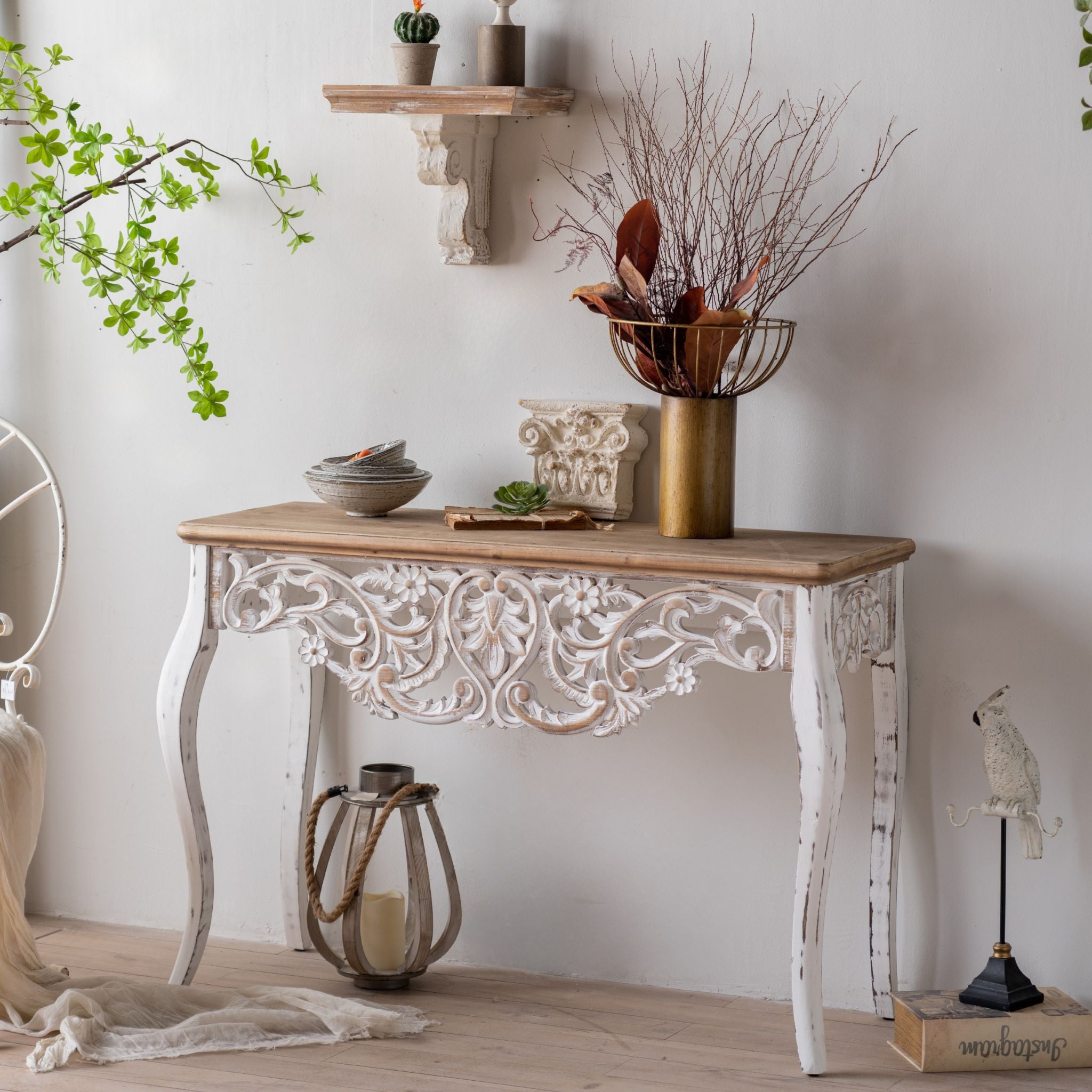 Fedora console table with pierced carved apron and cabriole legs in distressed white with fir top