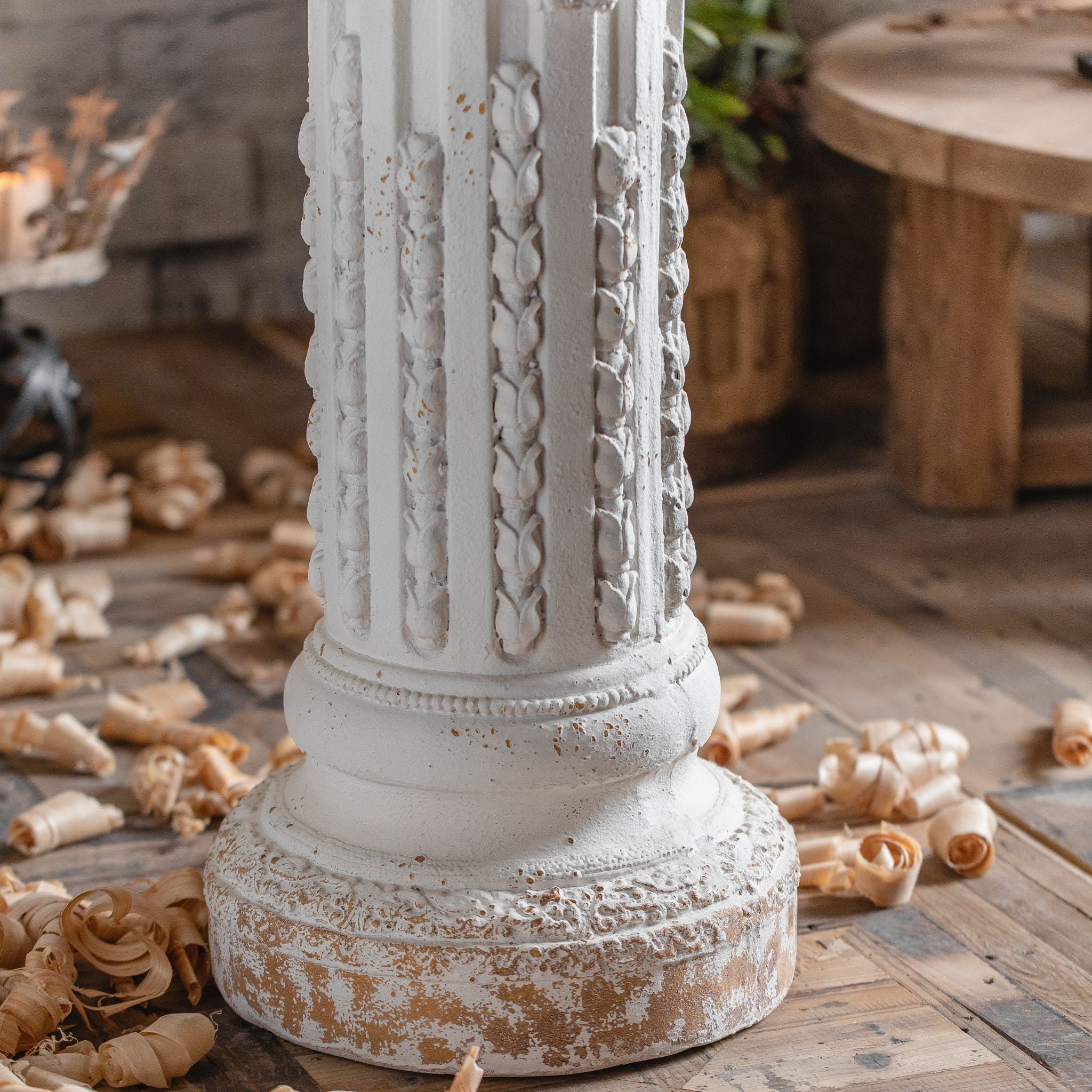 Bruna column pedestal fluted shaft and stepped round base with worn white finish