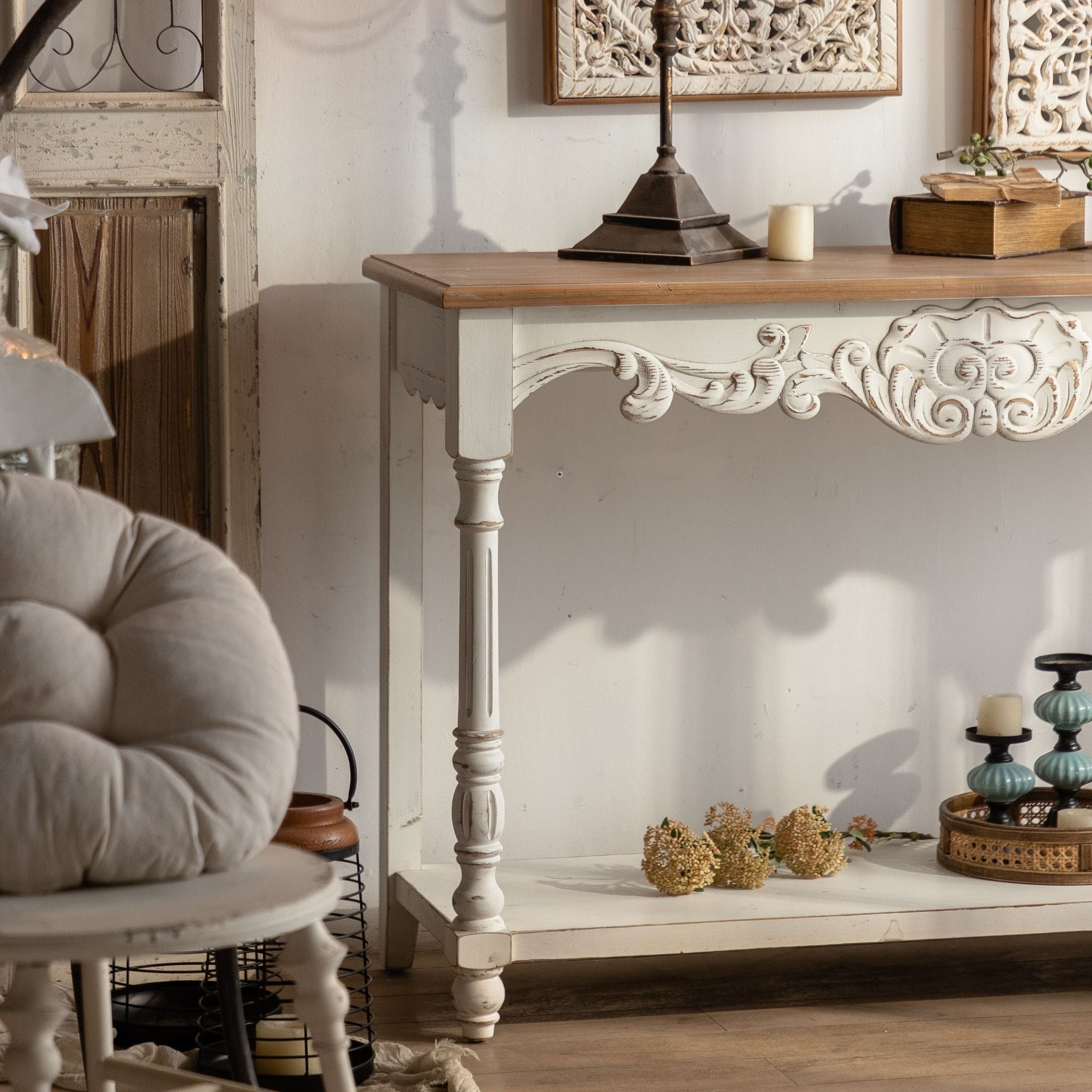 Vega console table carved shell and scroll apron detail in whitewash