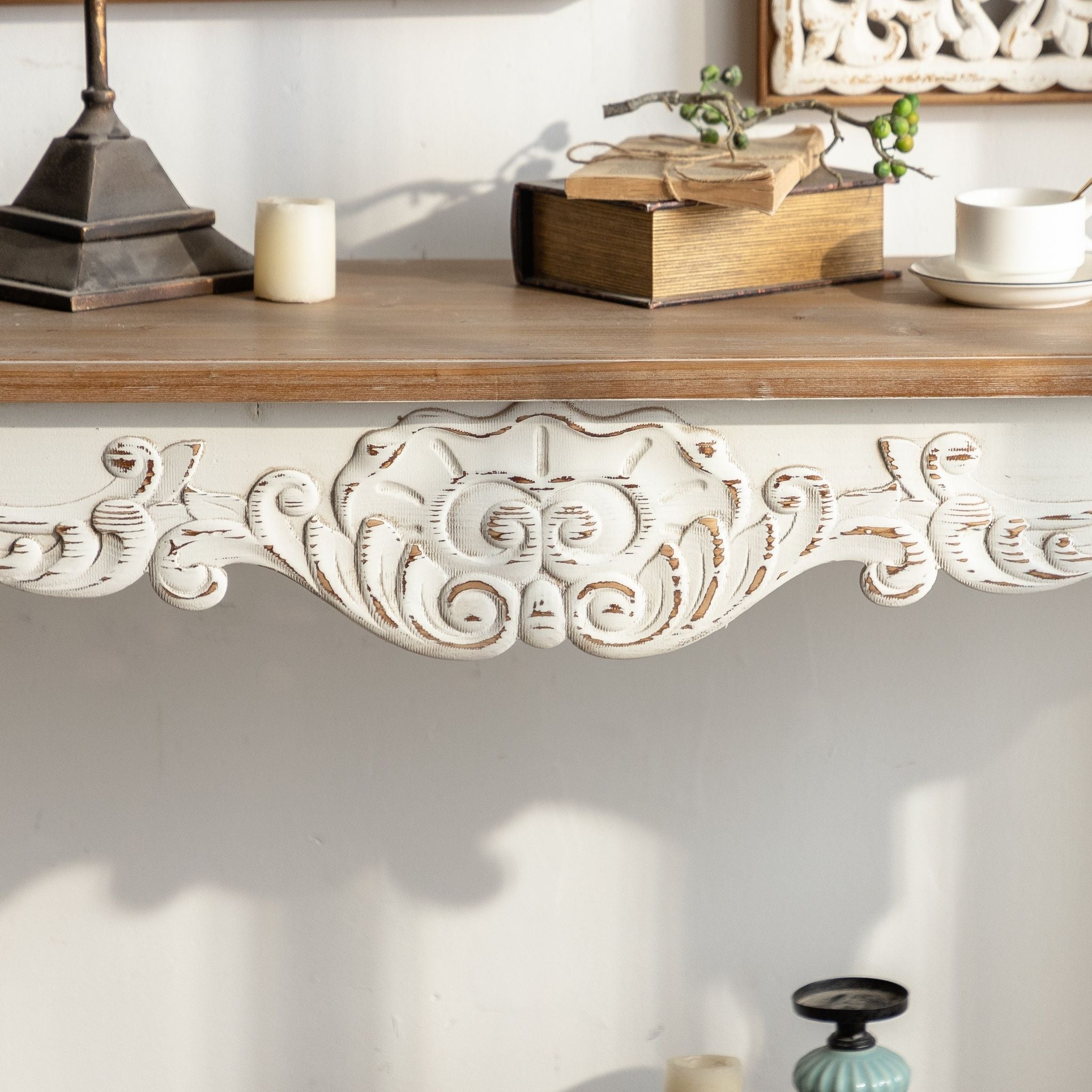 Vega console table styled in a room with wall decor above