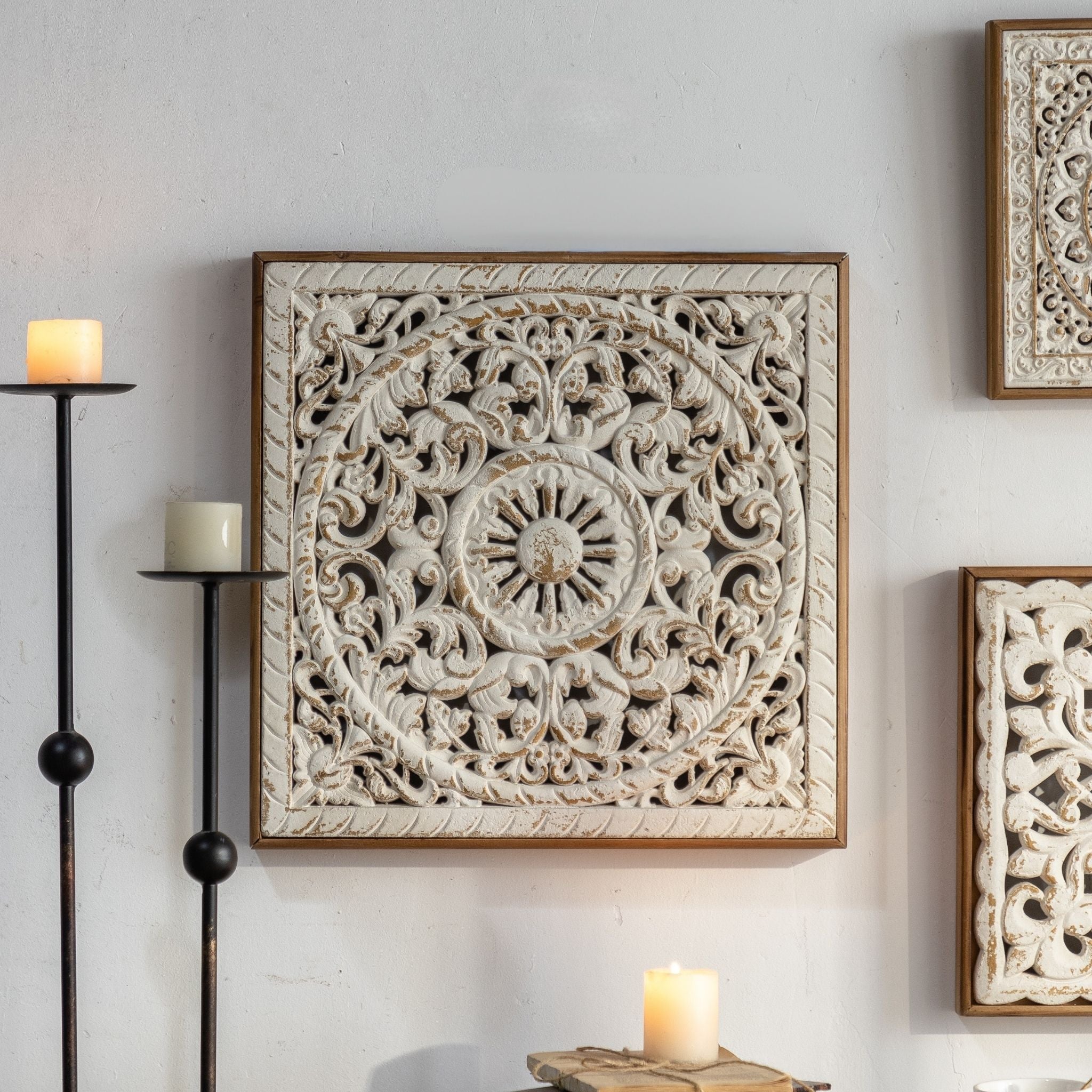 Cyrene French provincial carved mandala wall art in whitewashed timber