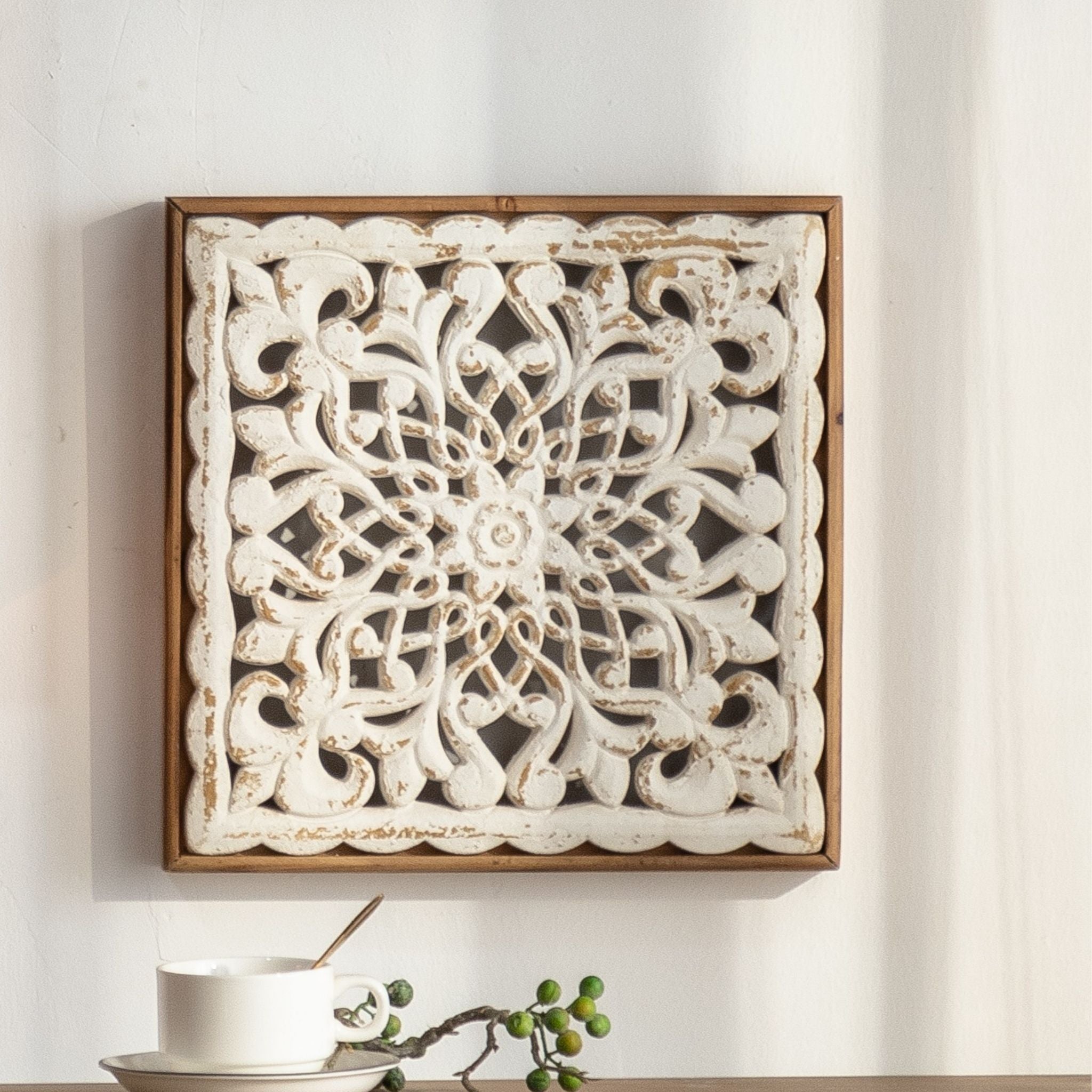 Delfina French provincial carved wall art panel in whitewashed timber