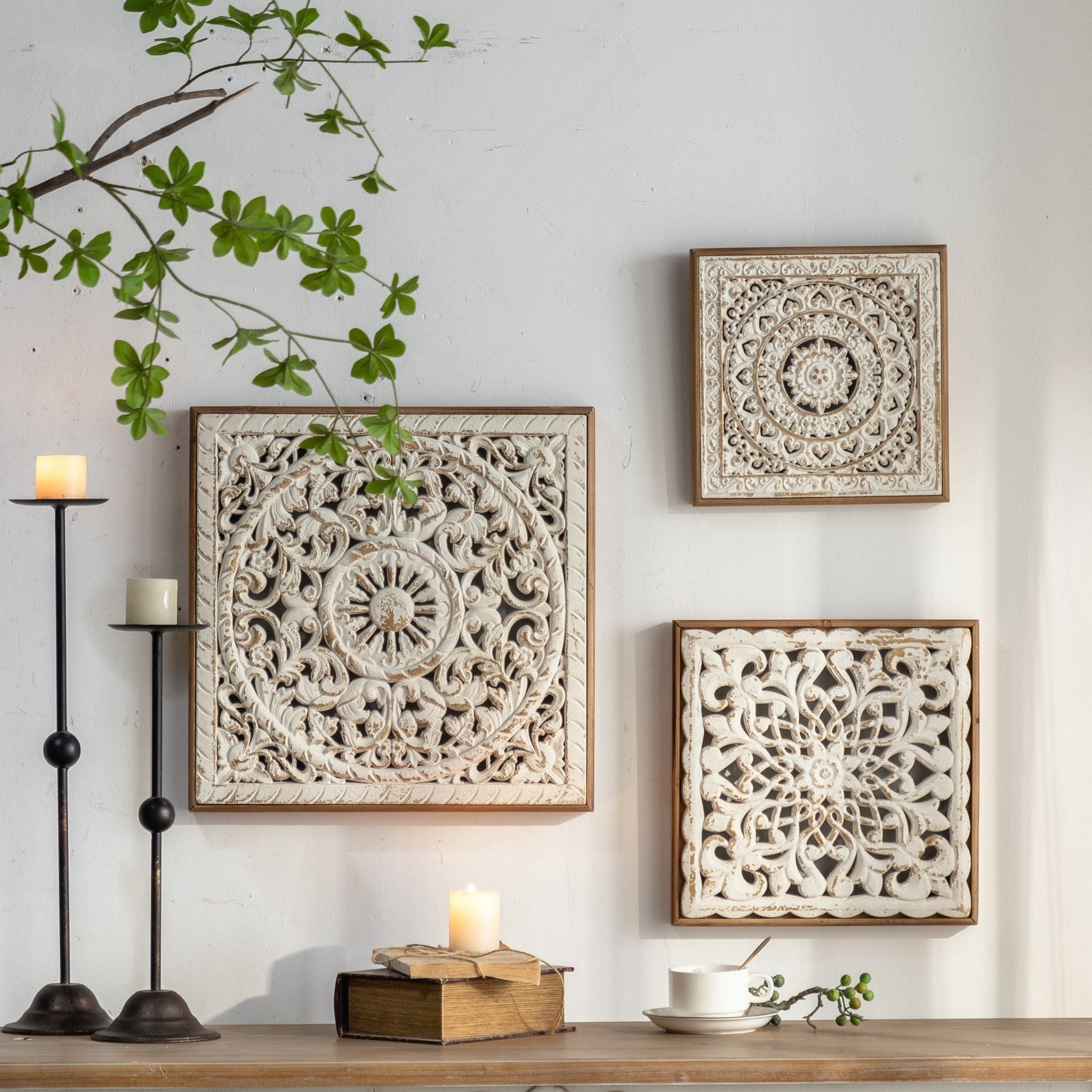 Delfina carved wall art panel styled with her sister panels