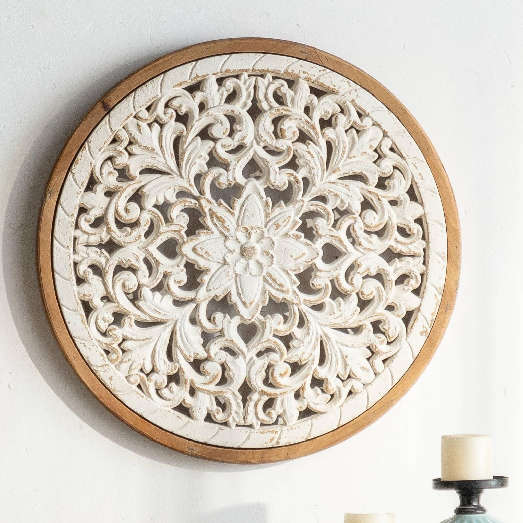 Velia round carved wall art petal mandala in whitewashed timber with natural hoop frame