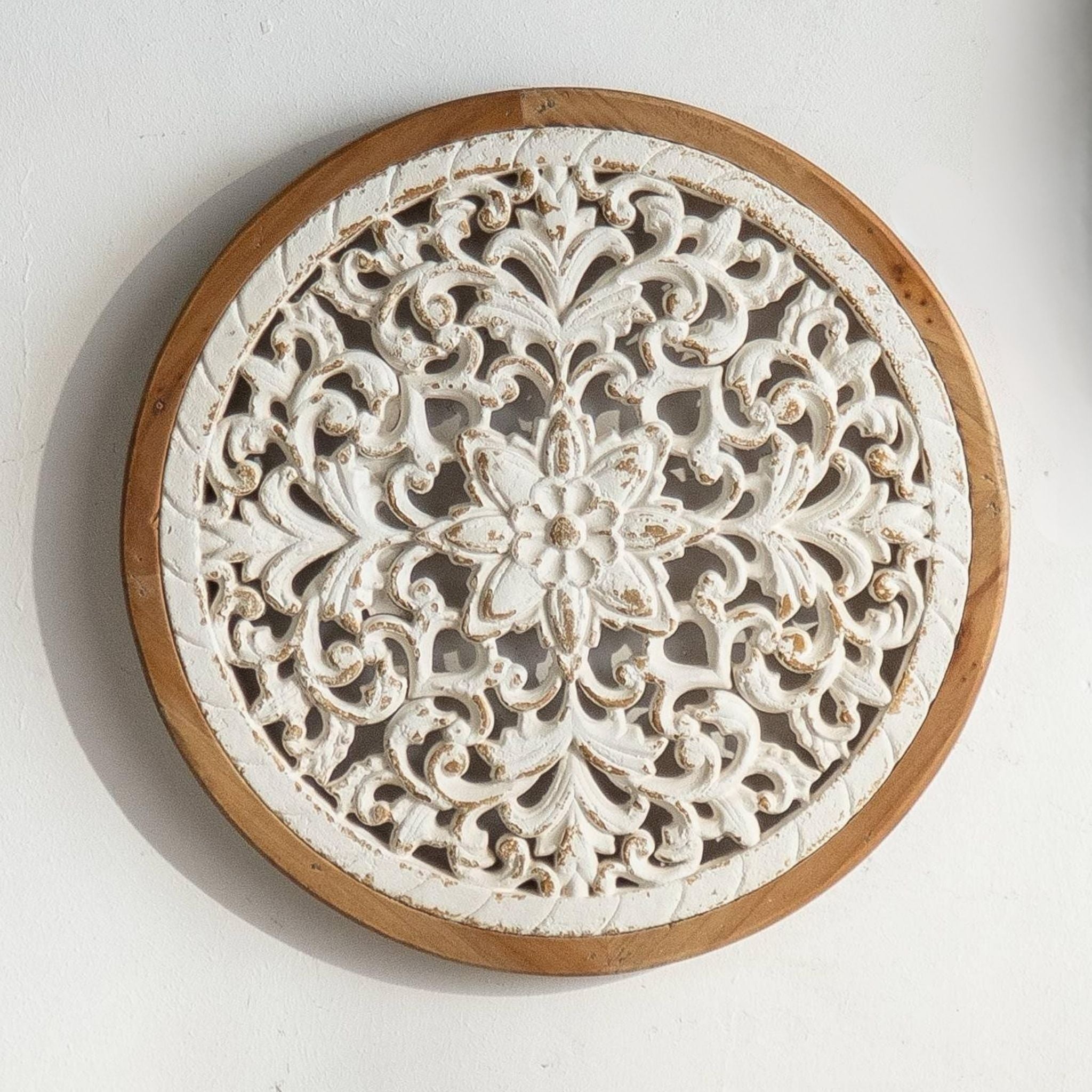 Vera round carved wall art with lace ring carving in whitewashed timber and natural hoop frame
