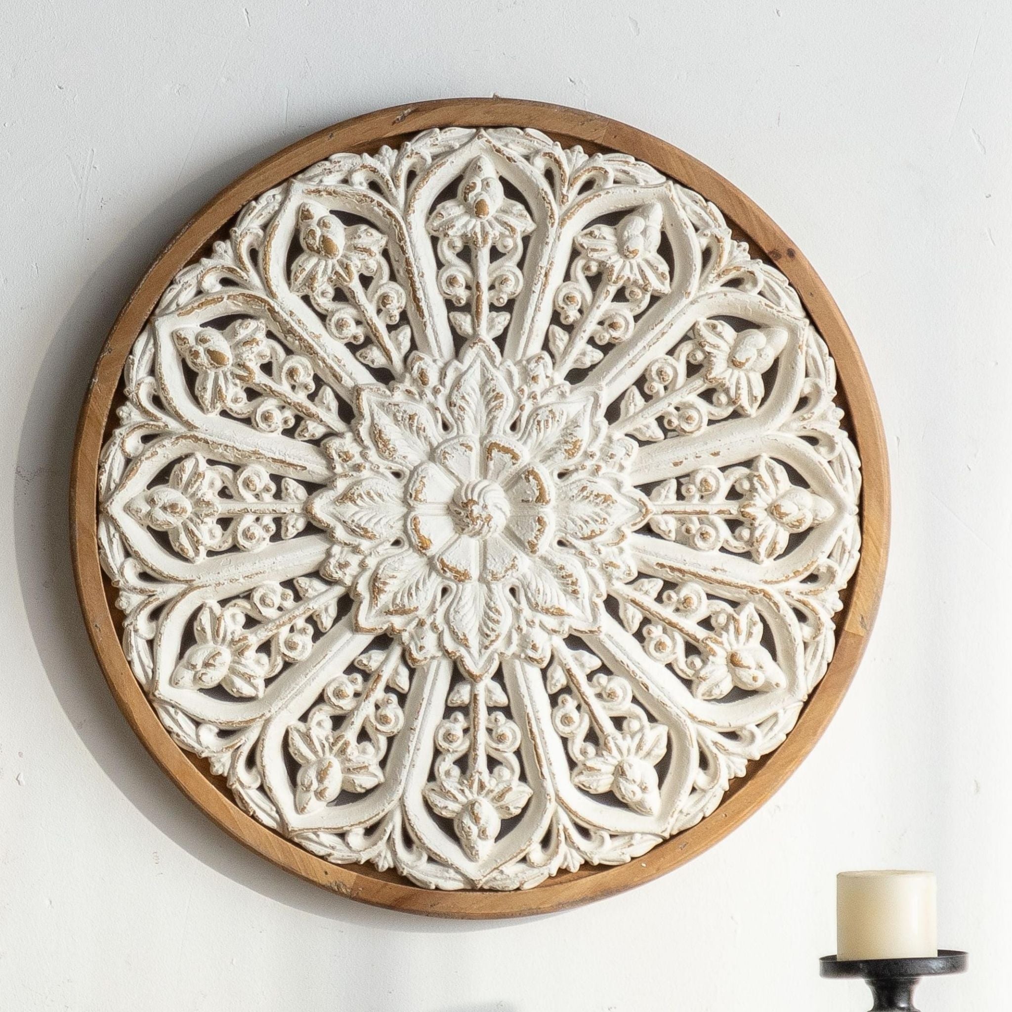 Zita round carved wall art scroll mandala with star flower in whitewashed timber