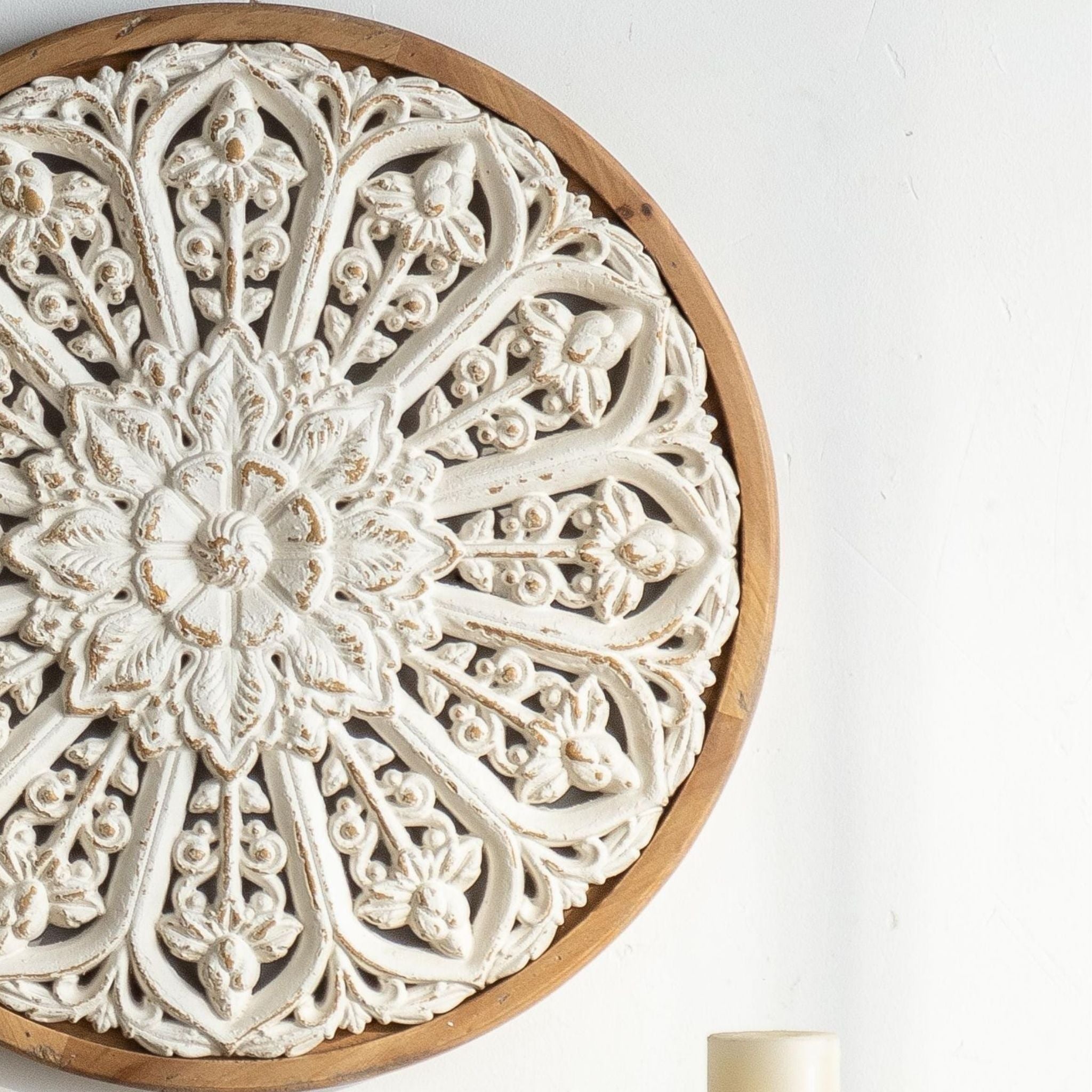 Zita round wall art acanthus scroll carving detail