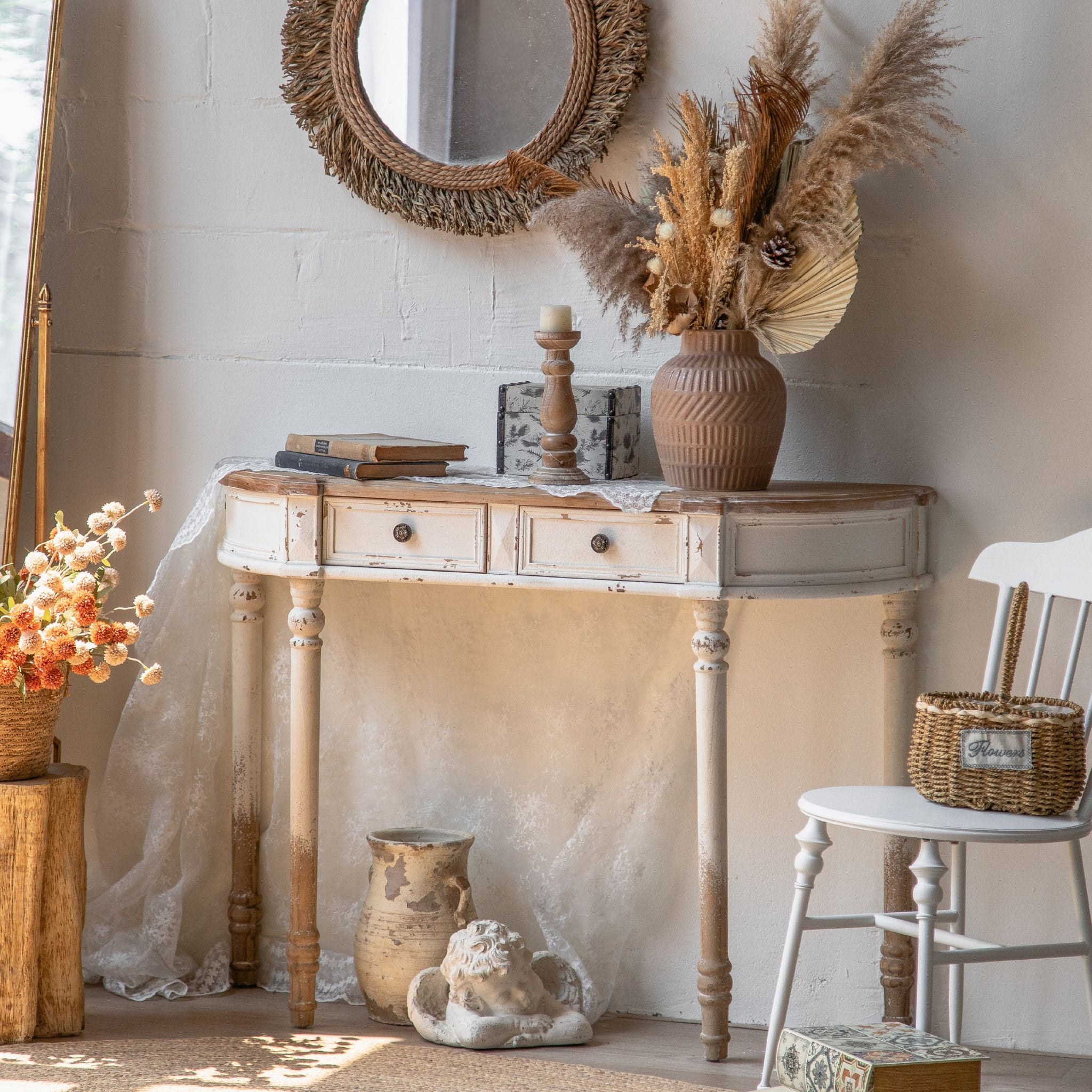 Talia demilune console table in distressed white with timber top styled in an entry
