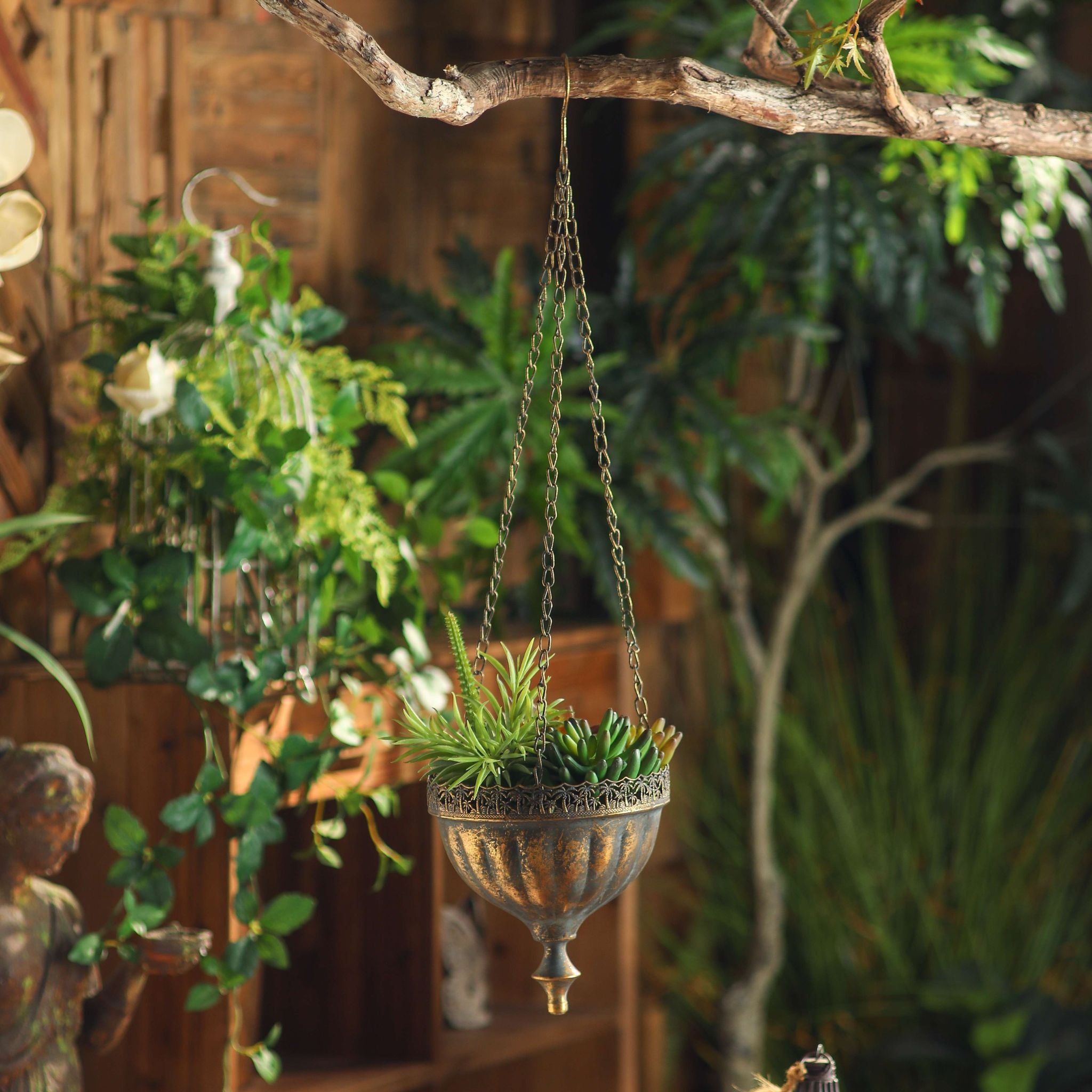 Naxos hanging planter in aged gold with filigree crown rim holding succulents