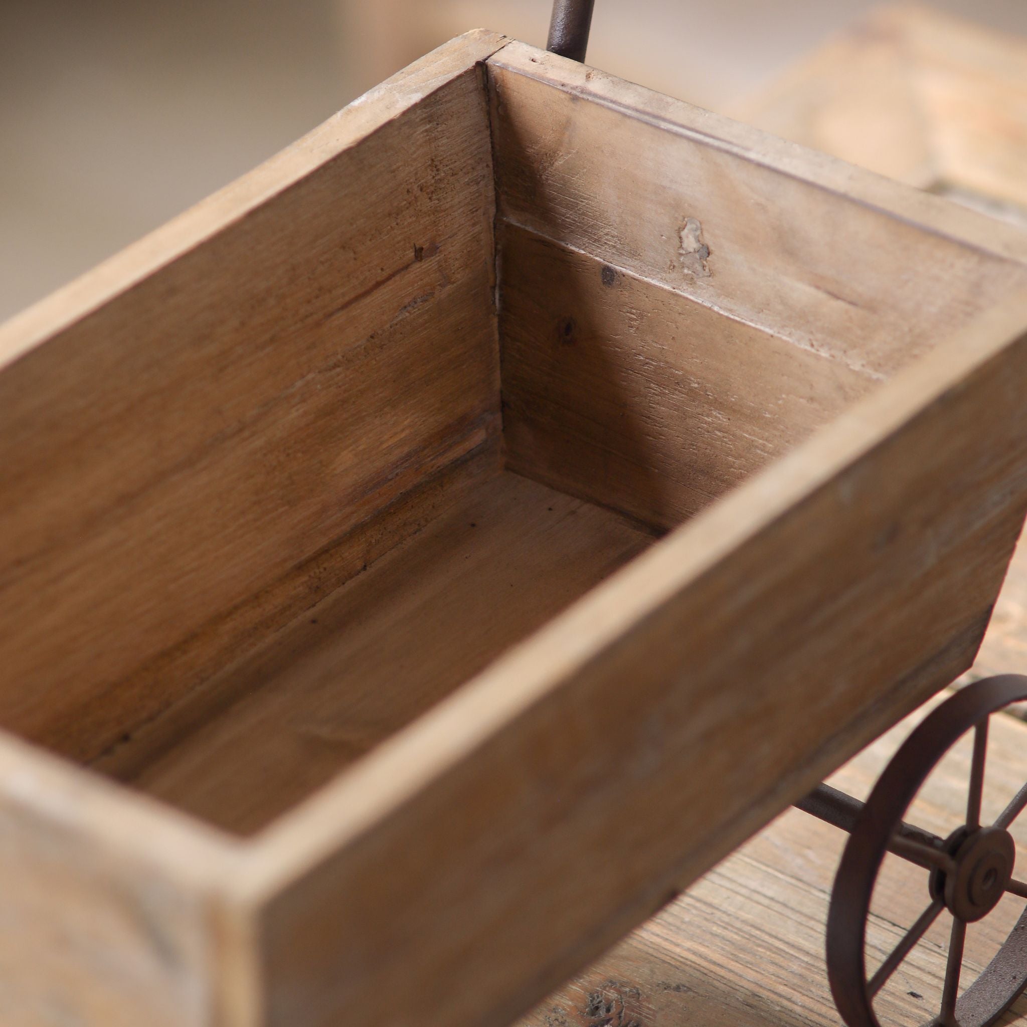 Looking into the tapered fir timber trough of the Paloma wagon planter